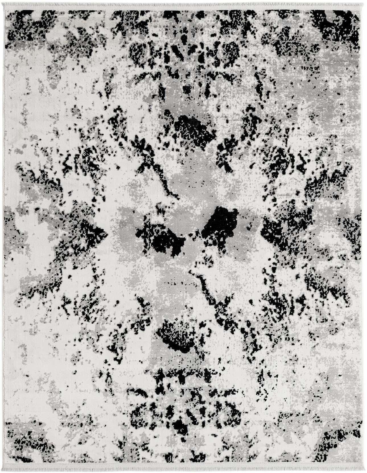 A 4x6 rectangular Rugs.com Milano rug featuring an abstract black, grey, and white modern pattern.