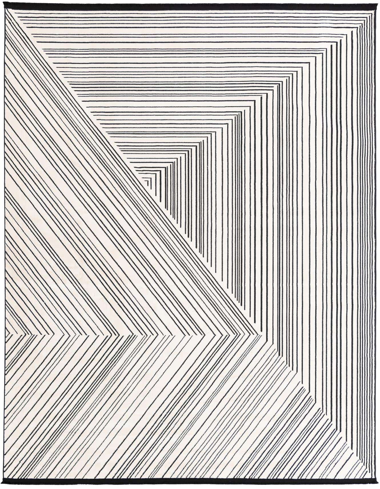 A 7x10 rectangular rug featuring a modern black and white geometric stripe pattern with converging lines, ideal for a living room.