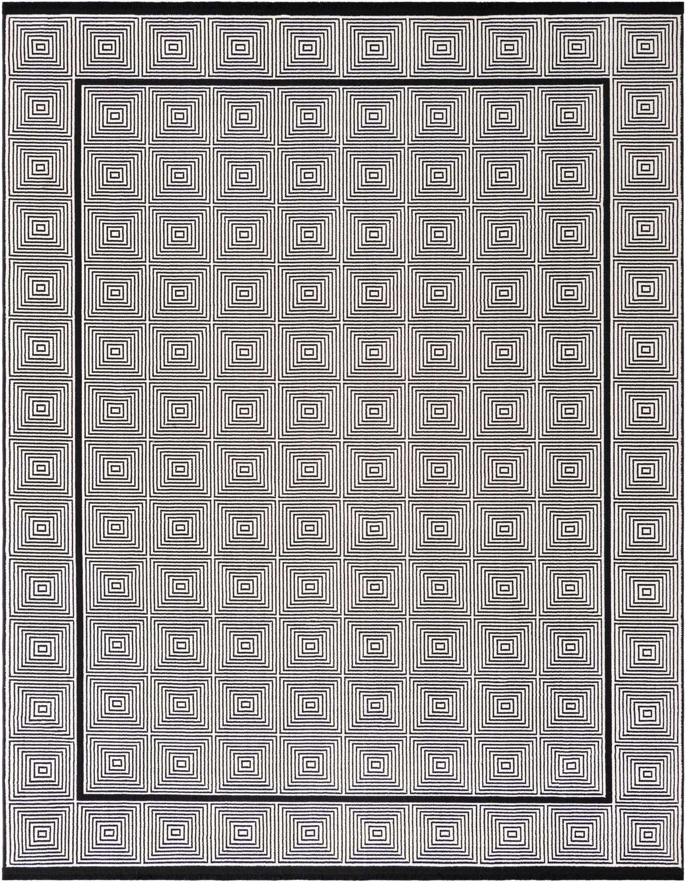 A 7x10 rectangular Rugs.com Milano rug featuring a contemporary black and white concentric square pattern with a solid black border.