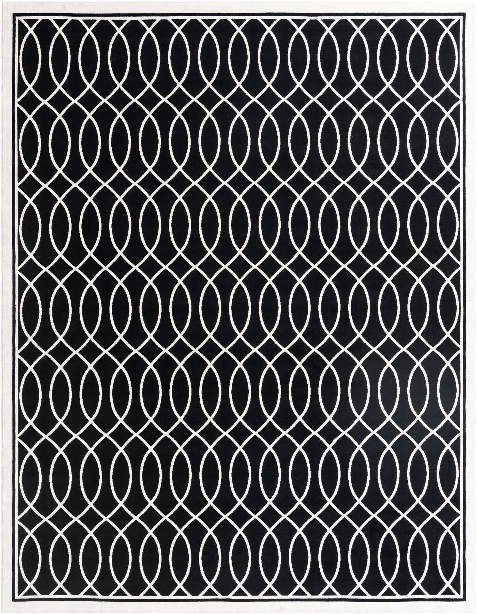 A 10x12 rectangular black rug with a repeating white geometric interlocking oval pattern and a thin white border.