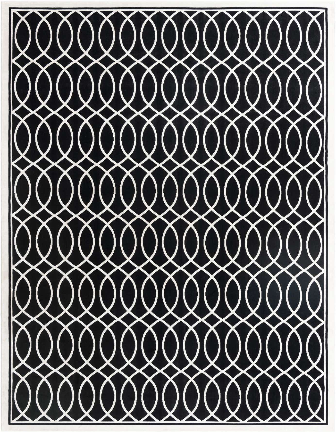 A 10x14 rectangular black area rug with an interlocking white geometric ogee pattern, suitable for a modern living room.