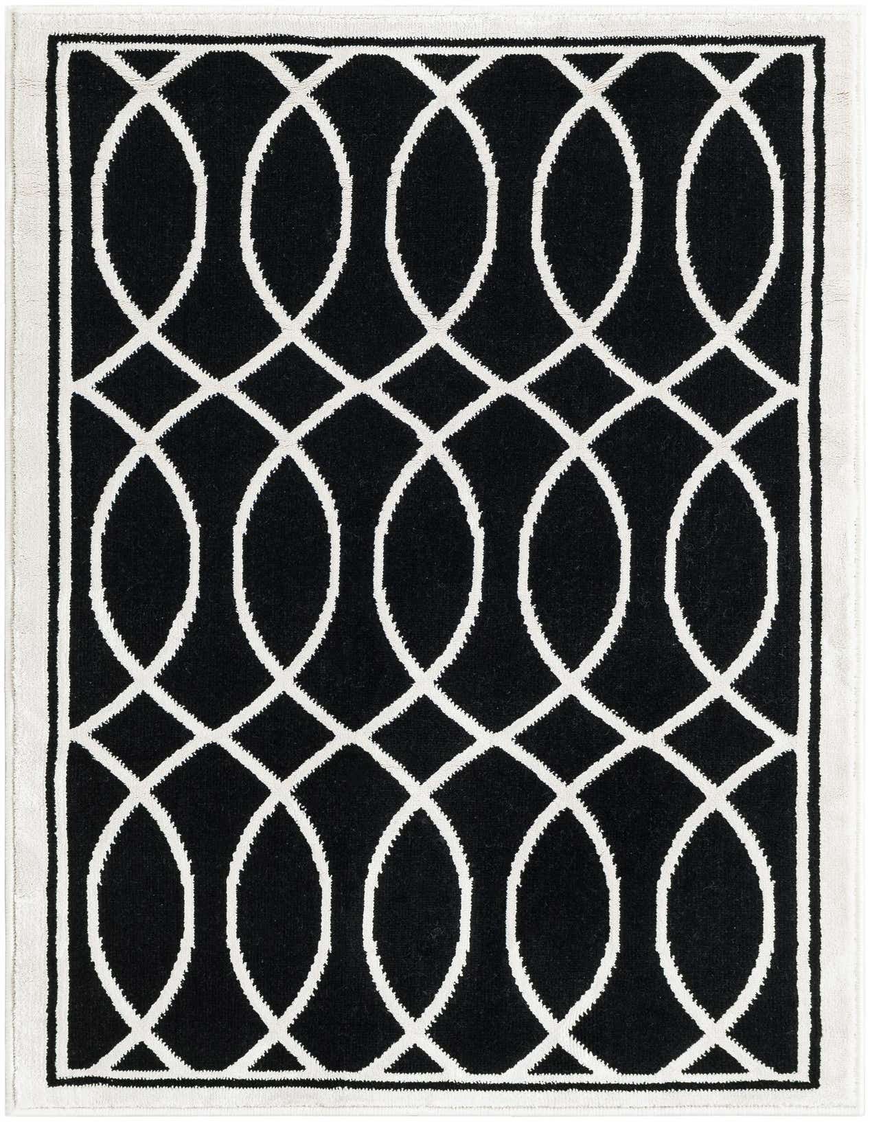 A 2x3 rectangular black and white rug with an interlocking geometric oval pattern and a solid white border.