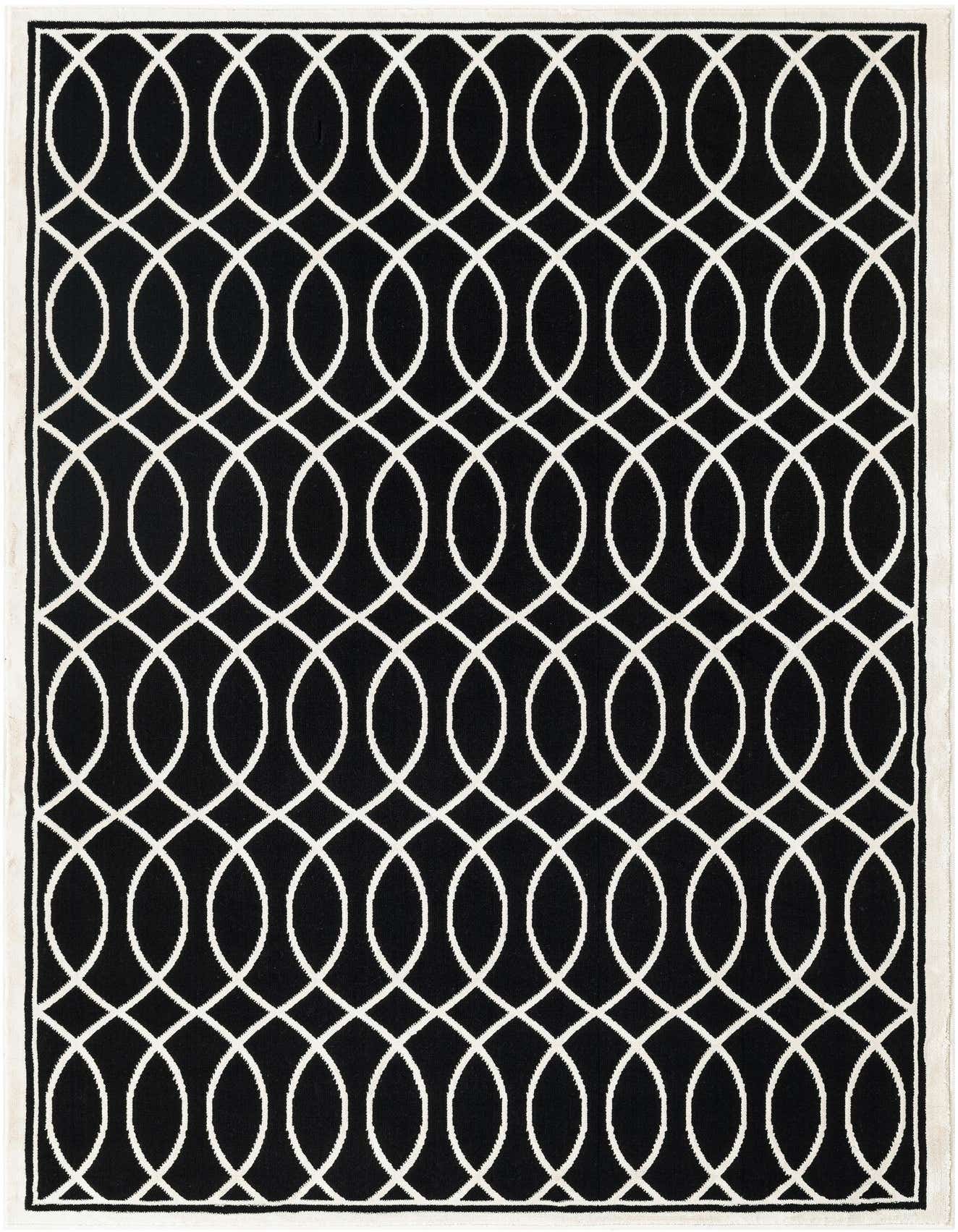A 4x6 rectangular black and white area rug with an interlocking geometric trellis pattern and a cream border.