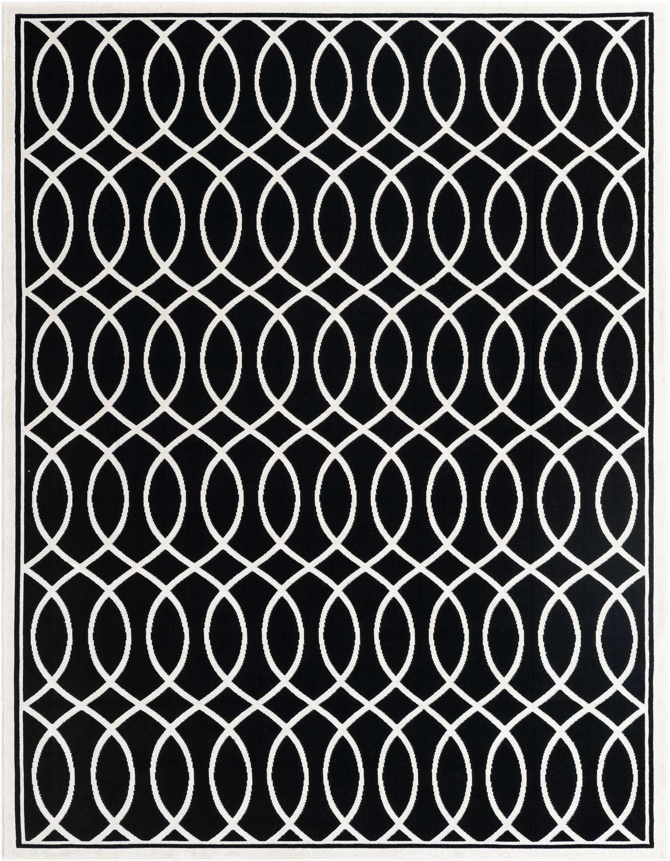 A 6x9 rectangular black and white rug with an interlocking geometric ogee pattern, suitable for a modern living room.