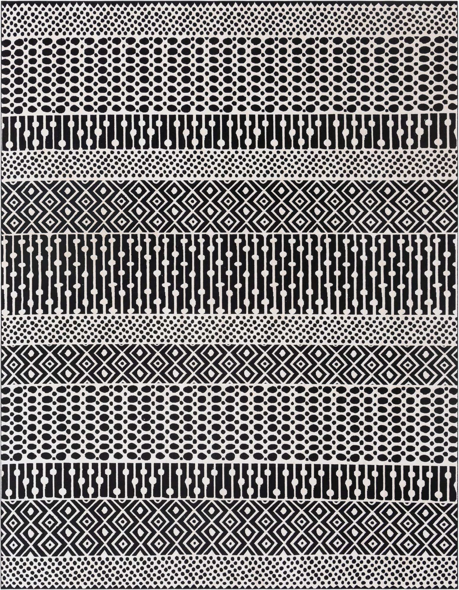 A 10x12 rectangular black and white rug featuring alternating bands of geometric patterns, including diamonds, dots, and vertical lines.