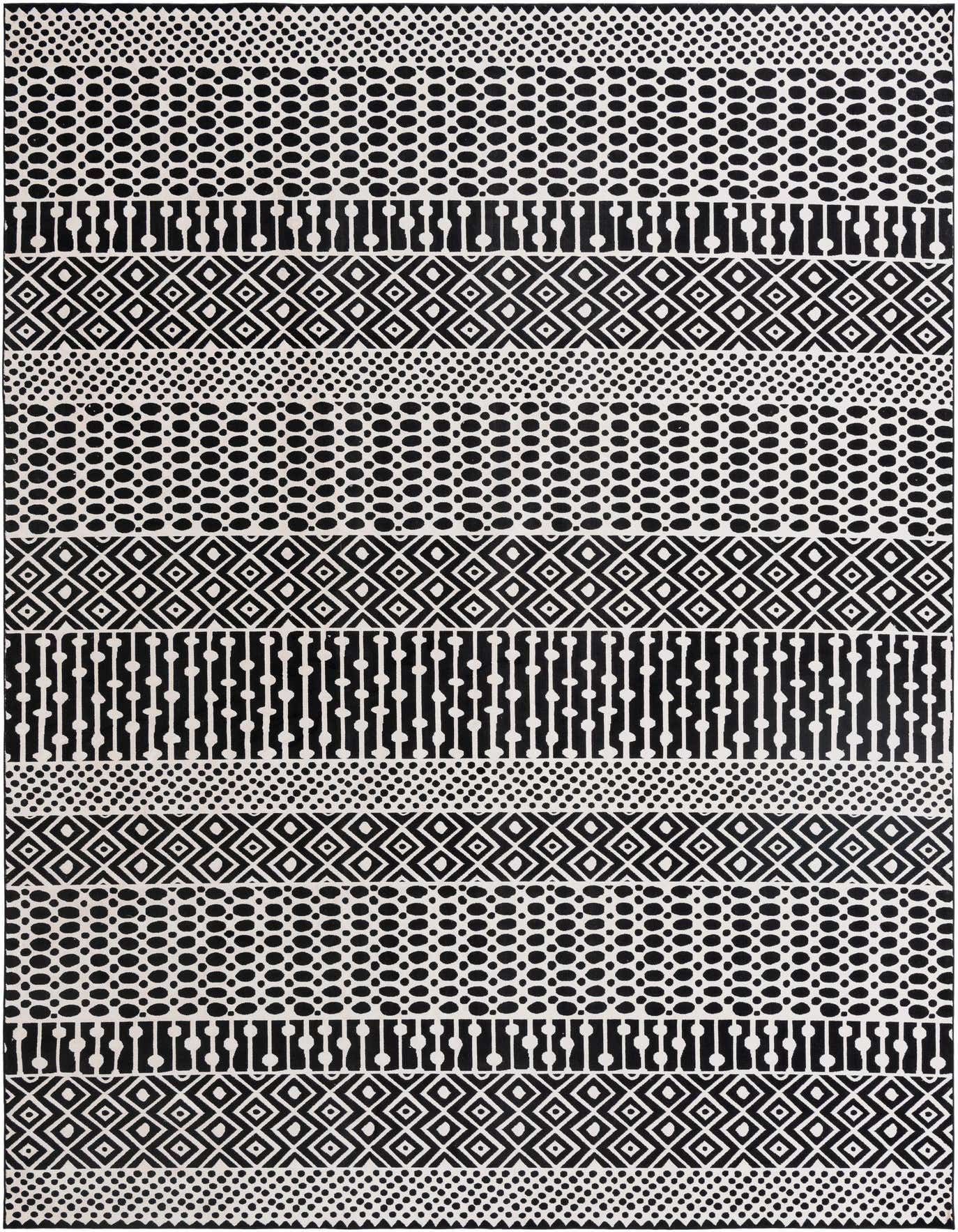 A 10x14 rectangular black and white rug with alternating stripes of geometric diamonds, dots, and abstract patterns.