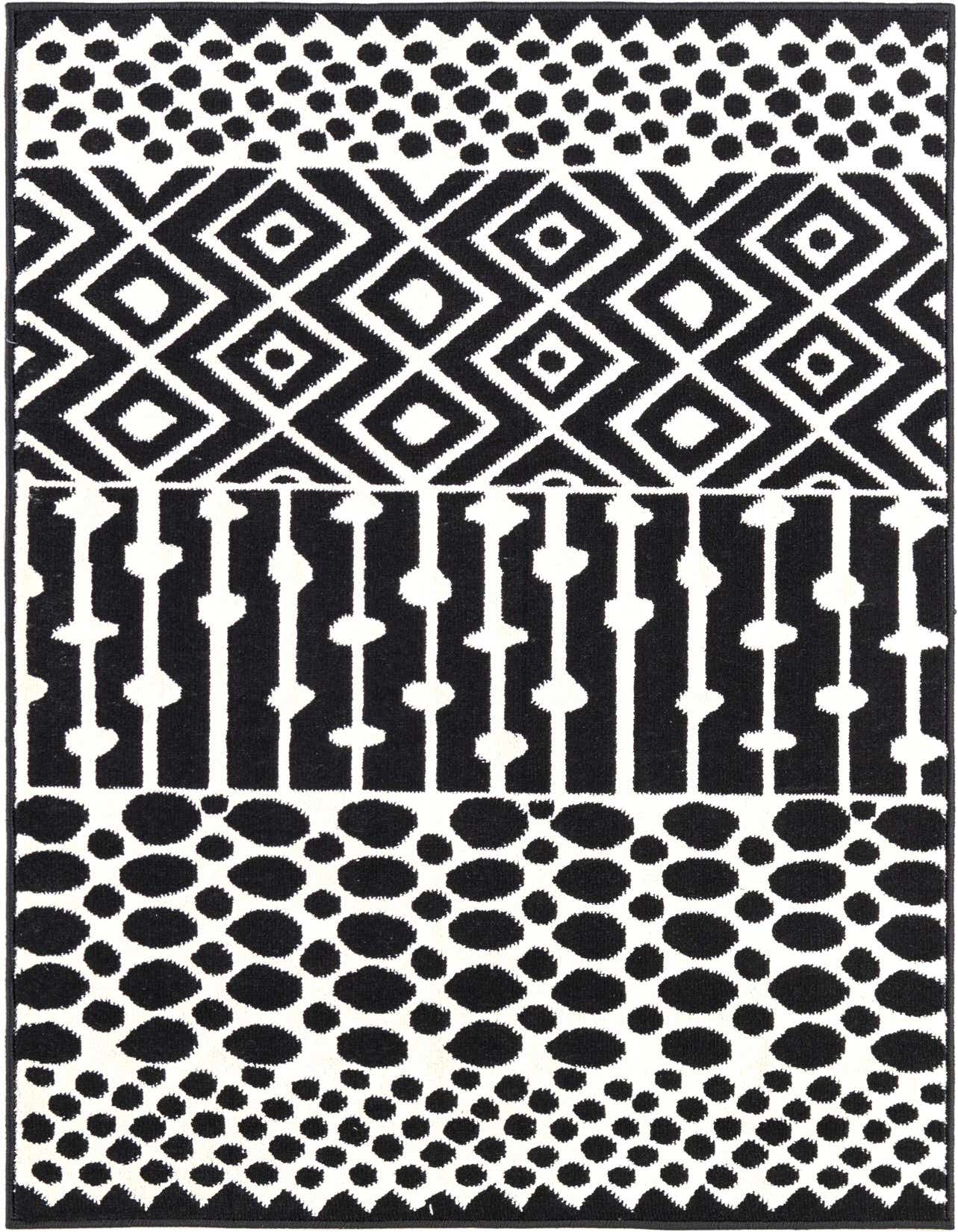 A 2x3 rectangular black and white modern abstract rug featuring bold geometric patterns, including diamonds, stripes, and polka dots.