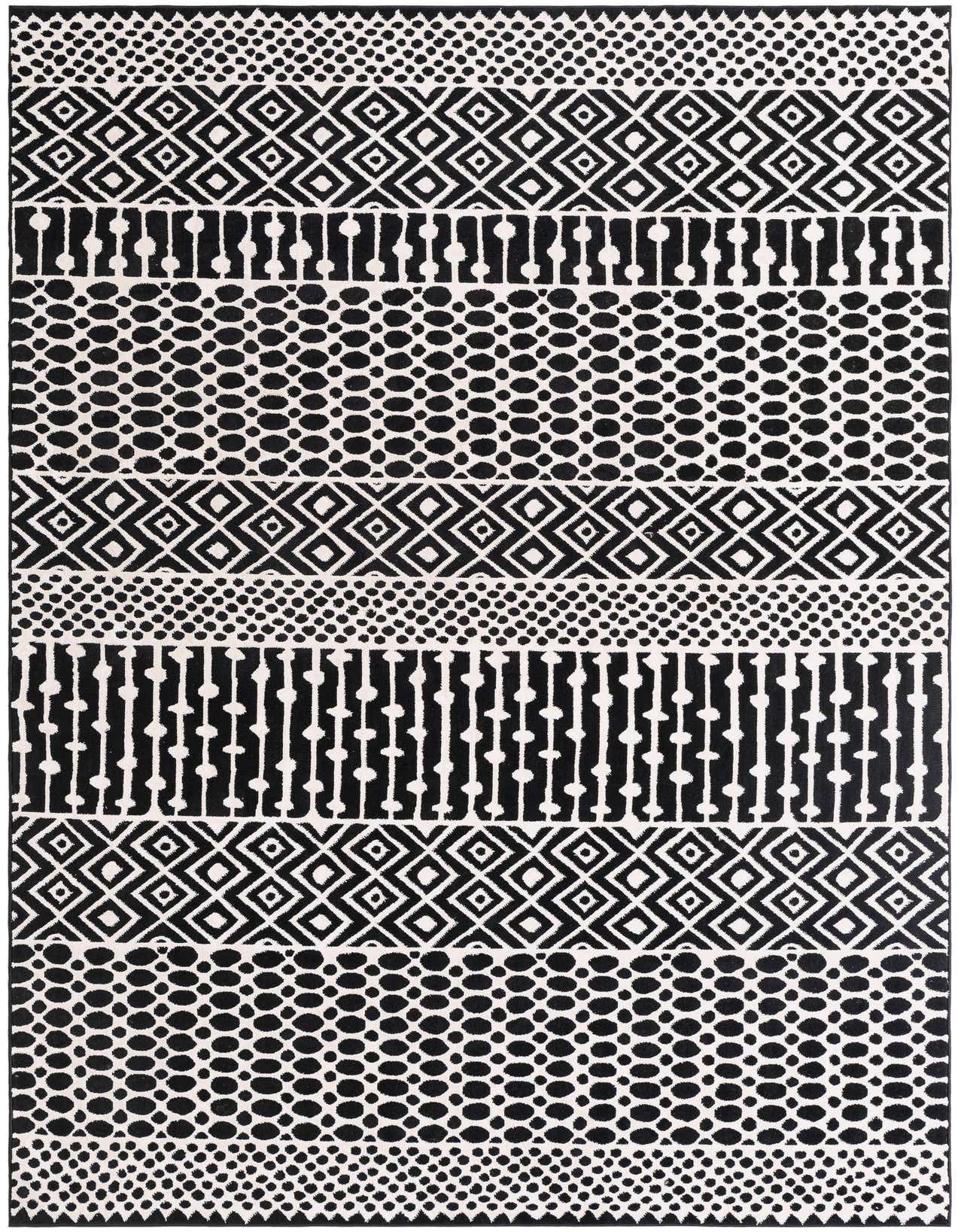 A 5x8 rectangular black and white rug with various geometric and tribal patterns arranged in horizontal stripes.
