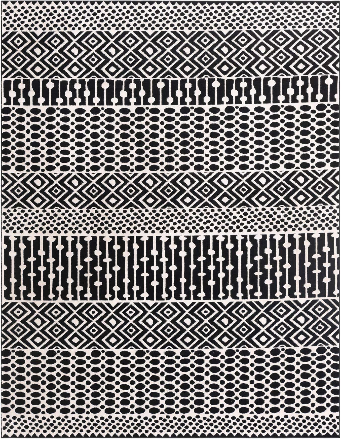 A 6x9 rectangular black and white rug featuring alternating bands of geometric diamonds, dots, and vertical dash patterns.