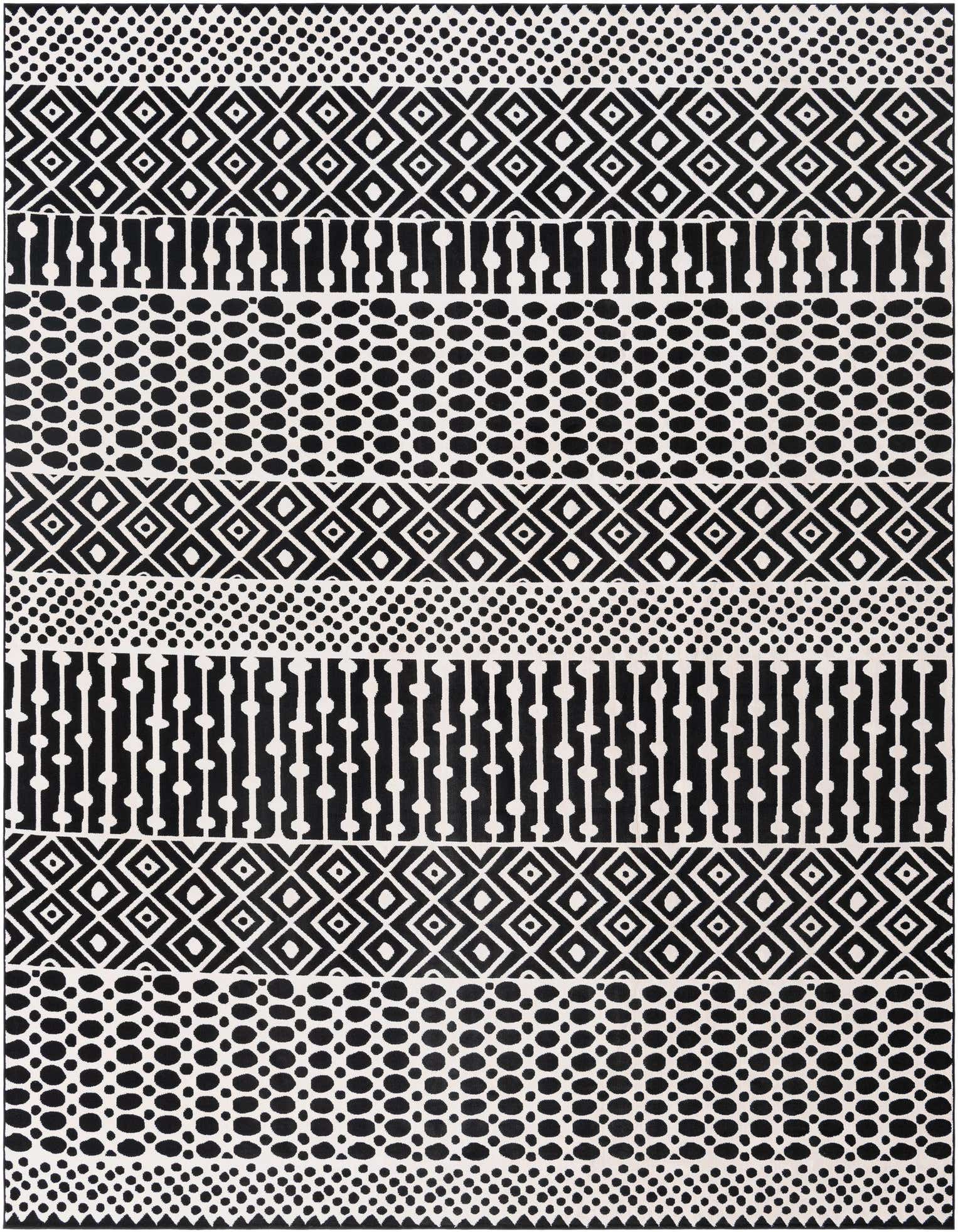 A rectangular 8x10 black and white area rug with a bold striped pattern featuring geometric shapes, dots, and lines.