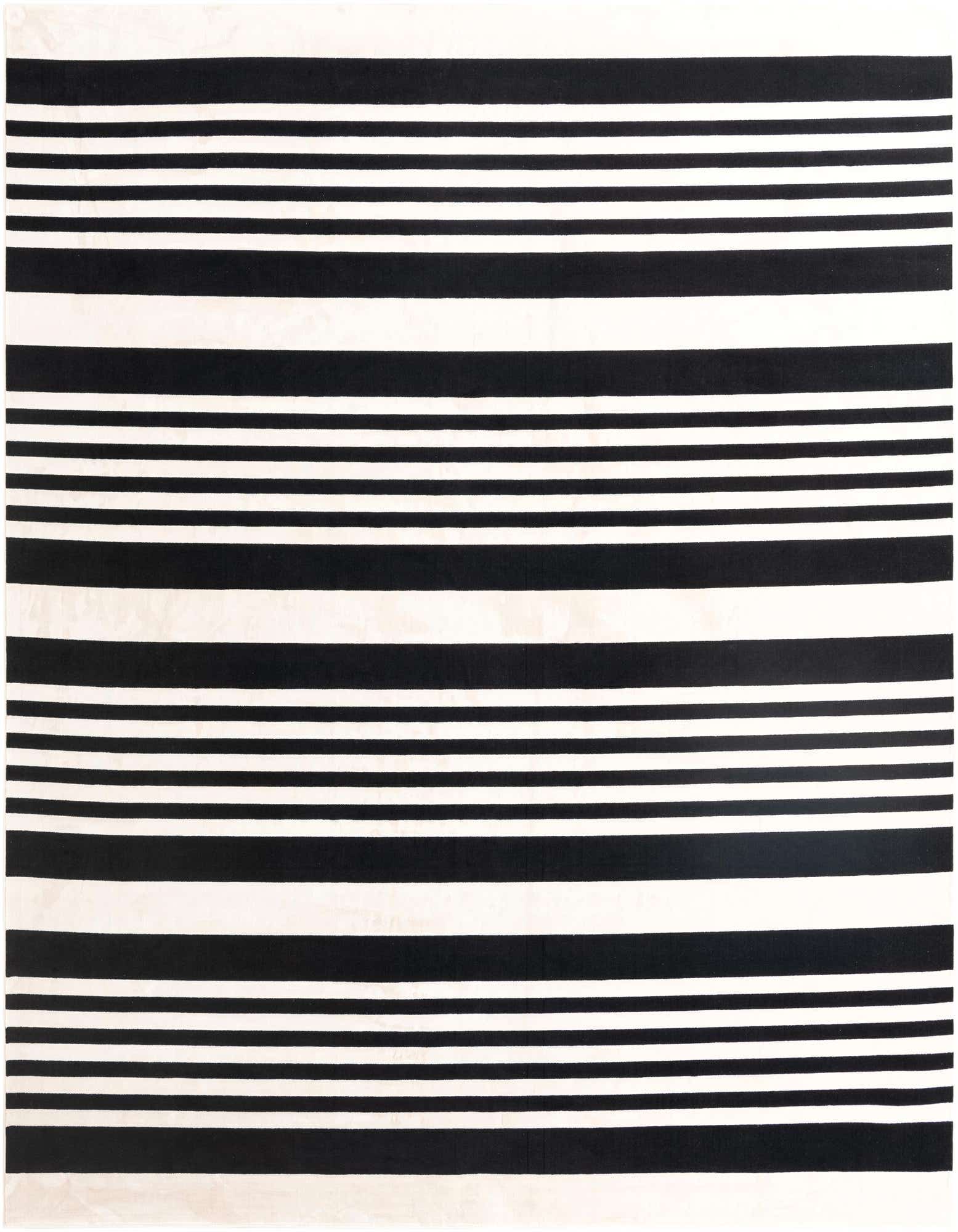 A 10x12 rectangular area rug featuring bold horizontal stripes in varying widths of black and white.