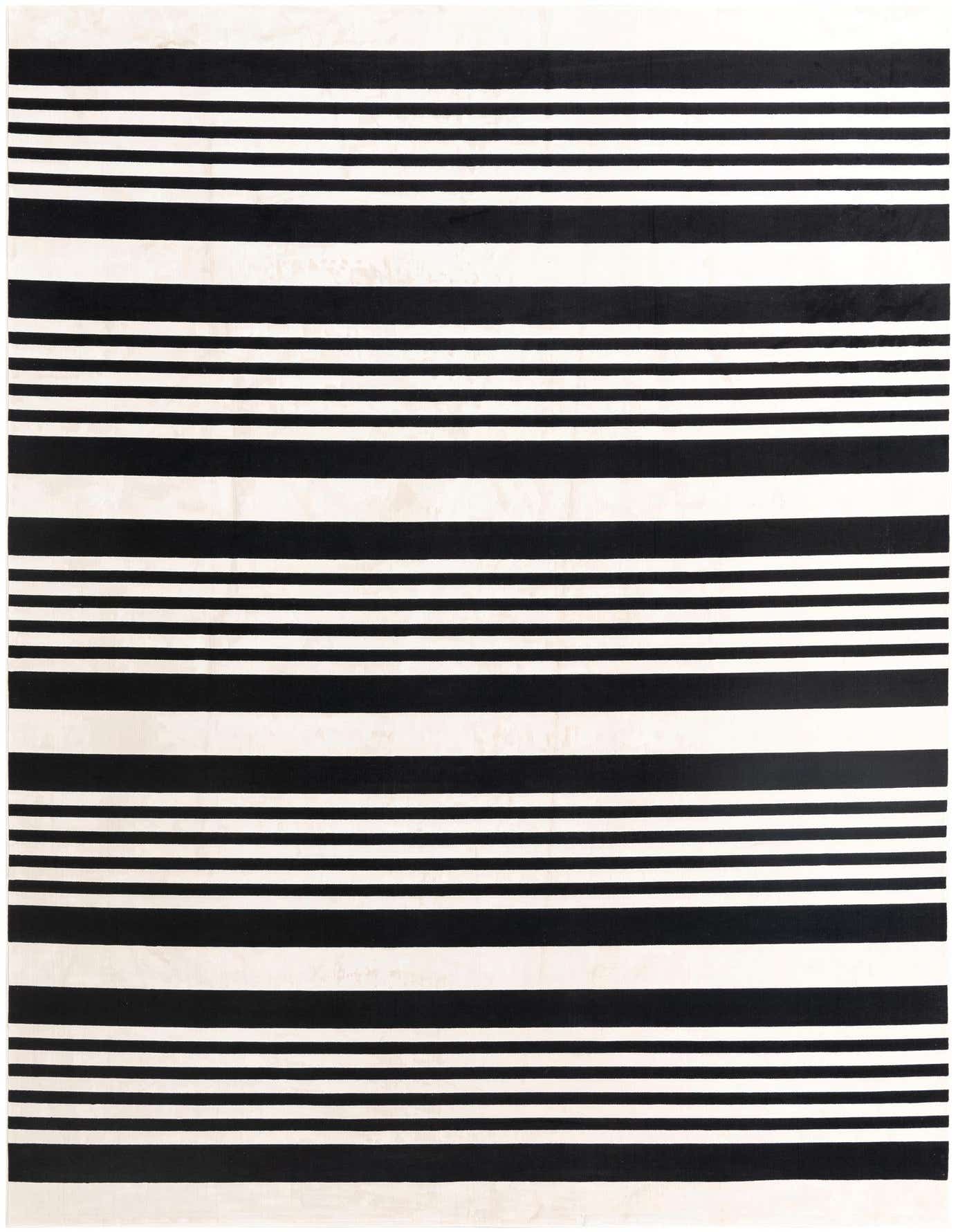 A 10x14 rectangular black and white striped rug, featuring varying widths of horizontal stripes, suitable for a modern living room.
