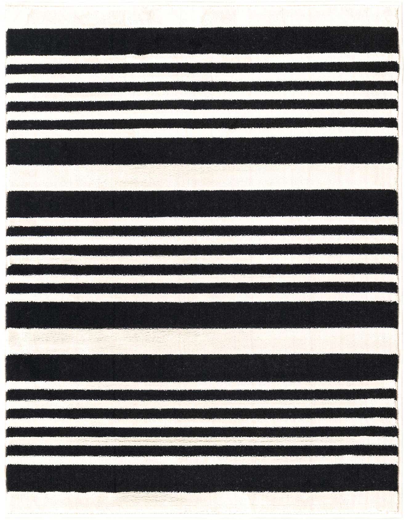 A 2x3 rectangular rug featuring bold horizontal stripes in black and ivory, perfect for a modern living space.