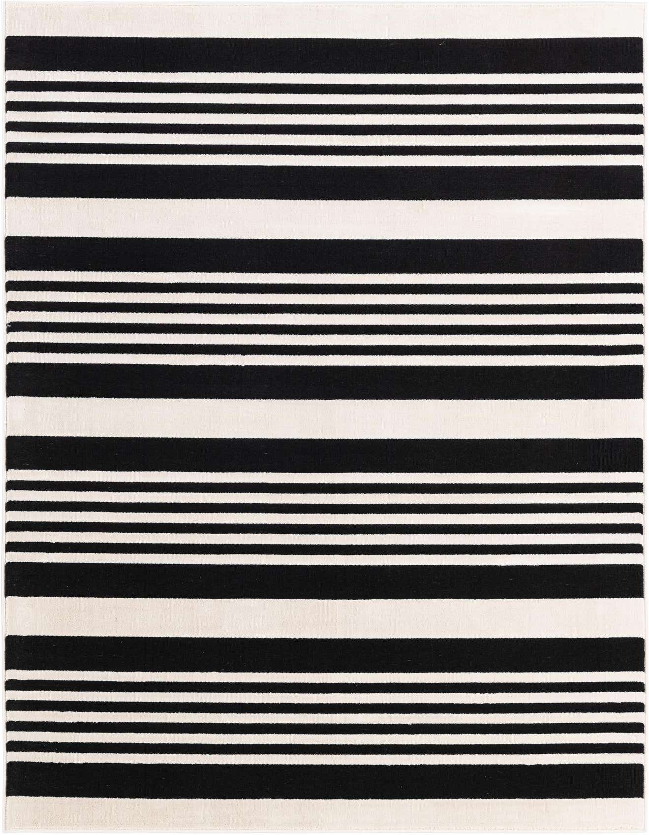 A 4x6 rectangular Rugs.com Milano rug featuring bold black and cream horizontal stripes, ideal for a modern living room.