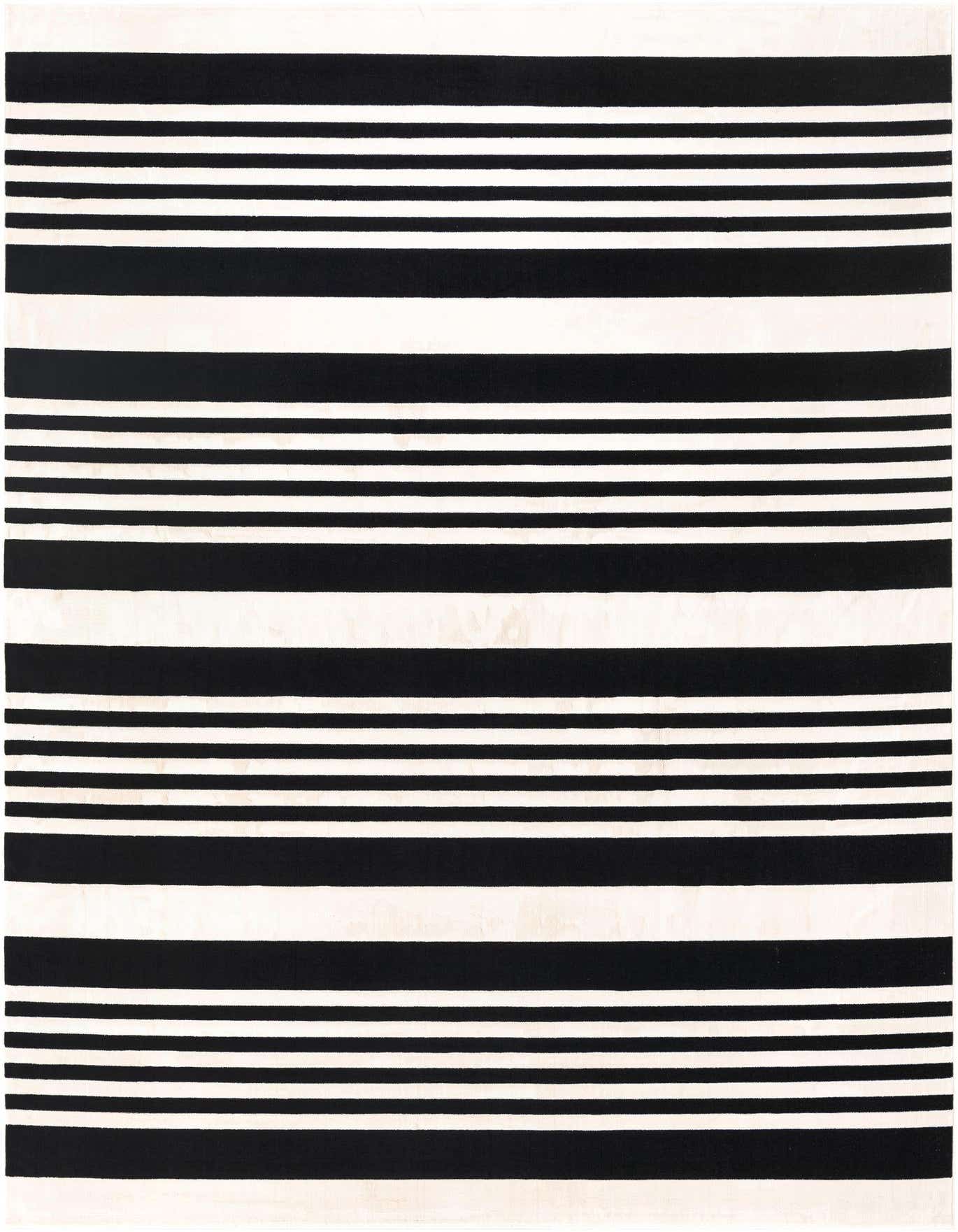 A 7x10 rectangular area rug featuring bold black and white horizontal stripes of varying thickness.
