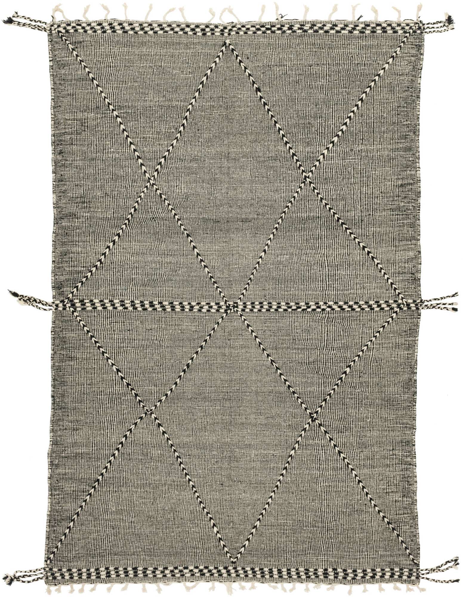 A rectangular 8x12 black and white tribal wool rug with a shag pile, featuring a diamond pattern and checkered border.