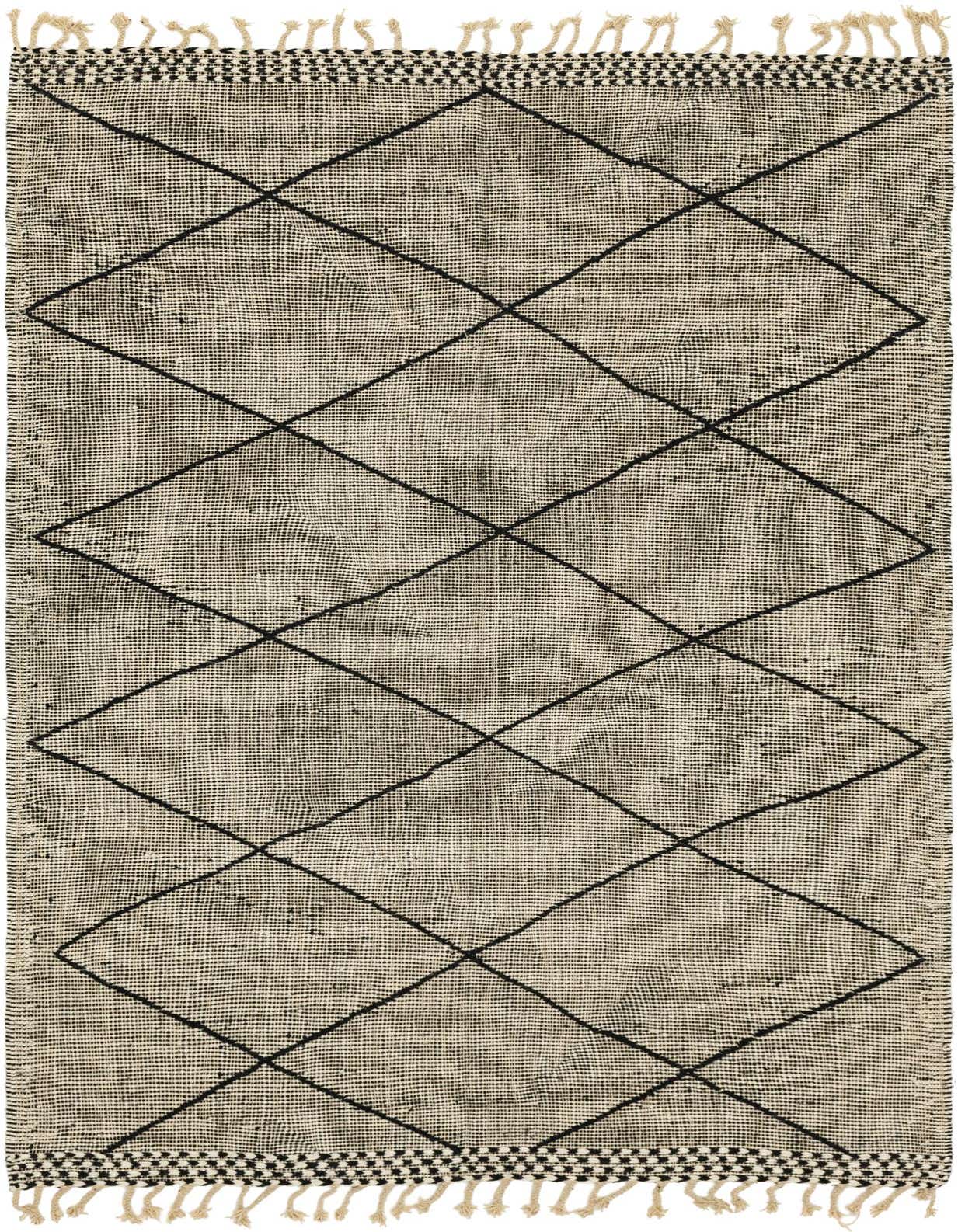 A 6x9 rectangular ivory wool shag rug with a black tribal diamond pattern and fringed edges, suitable for a living room.