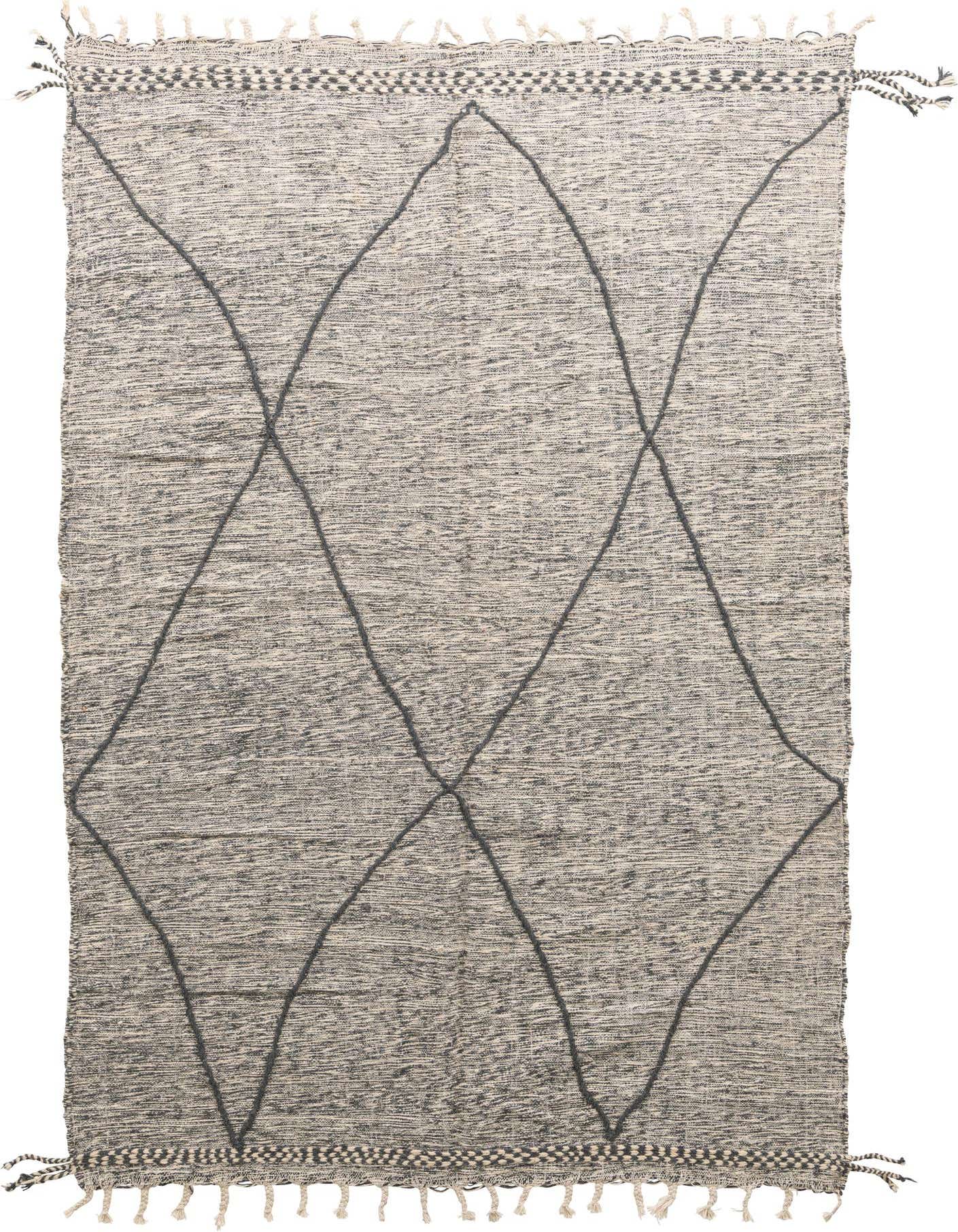 A 6x9 rectangular Moroccan tribal rug in black and white, featuring a bold diamond pattern and fringe.