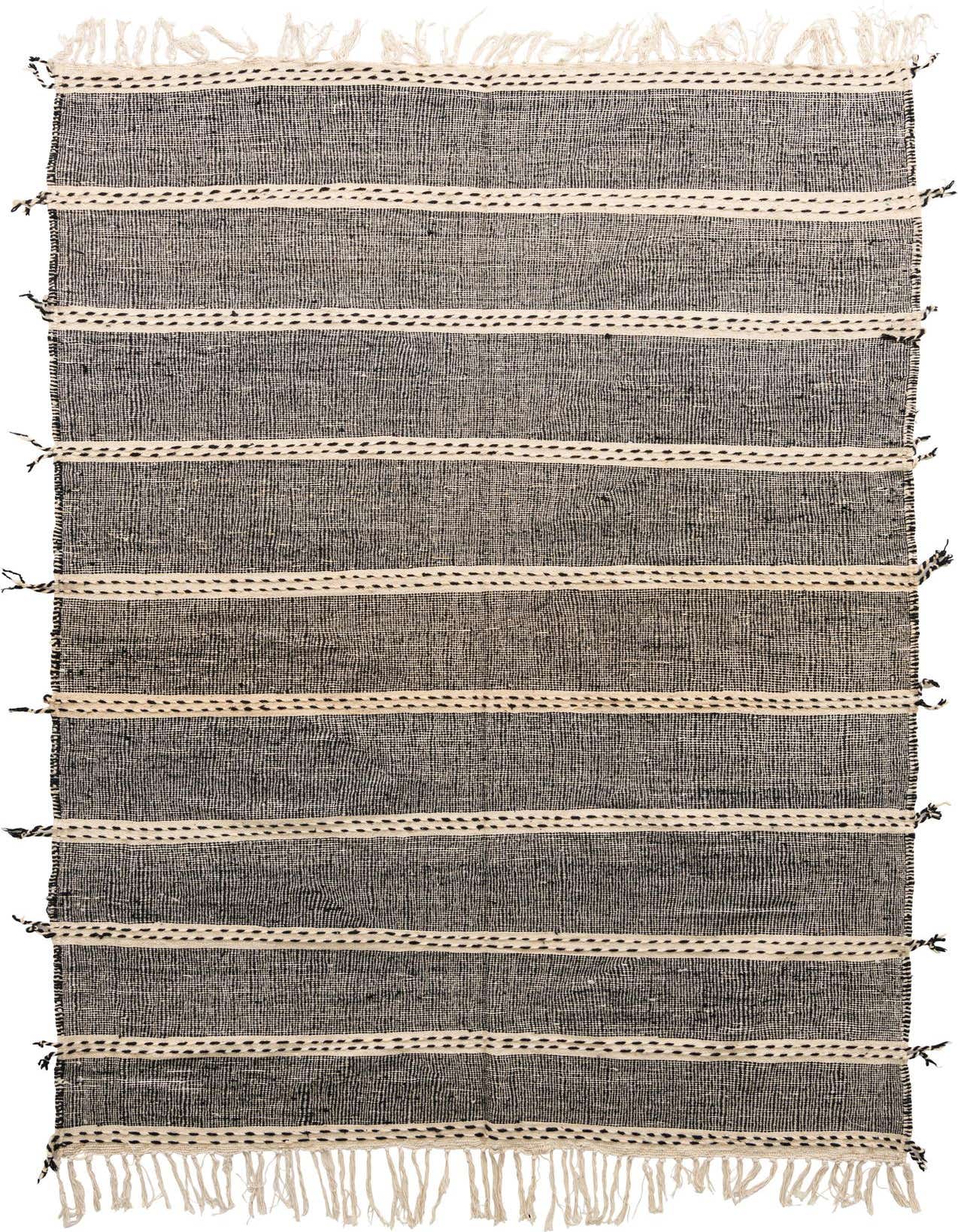 A 6x9 rectangular black and ivory tribal wool rug with horizontal stripes and fringed edges.