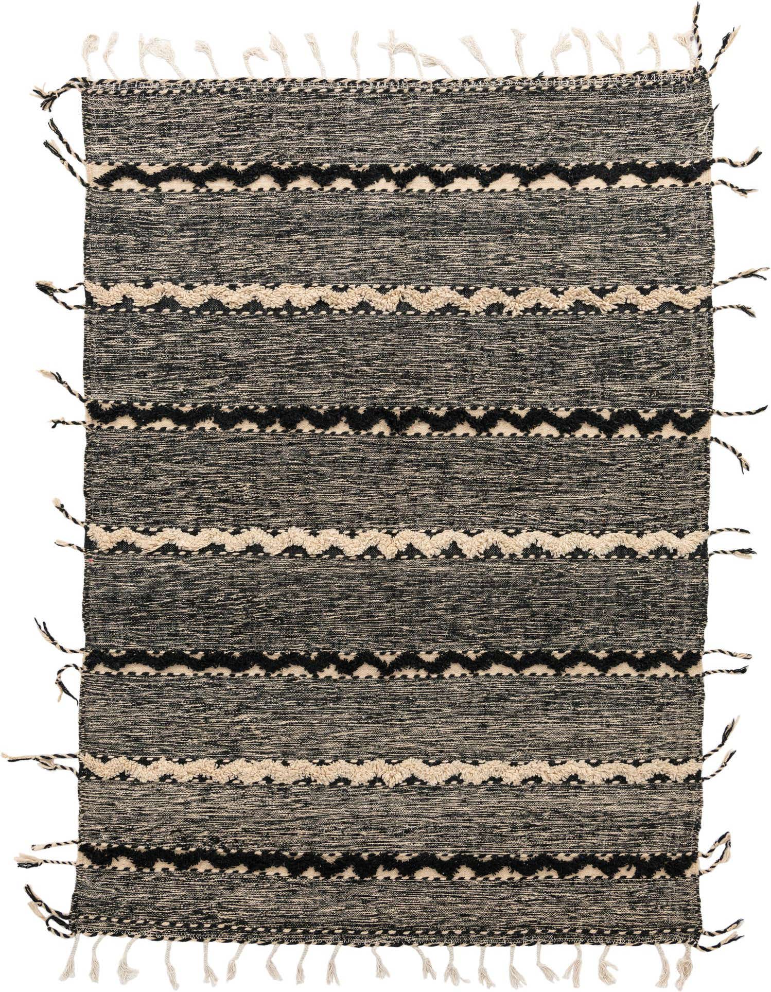 A 7x10 rectangular black and ivory tribal wool rug with shag stripes and fringe.