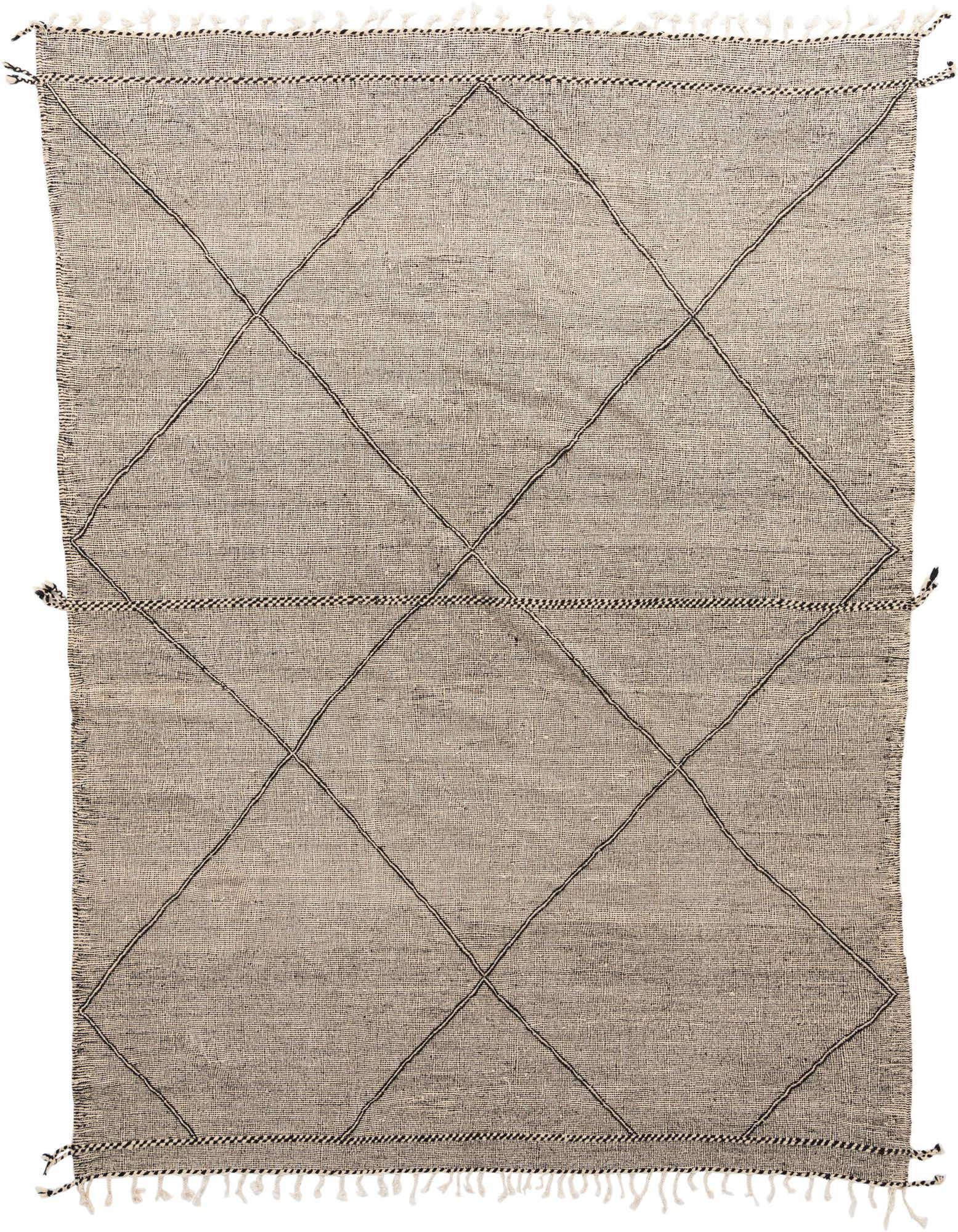 A 9x12 rectangular black and white tribal wool rug with a diamond pattern and fringe.