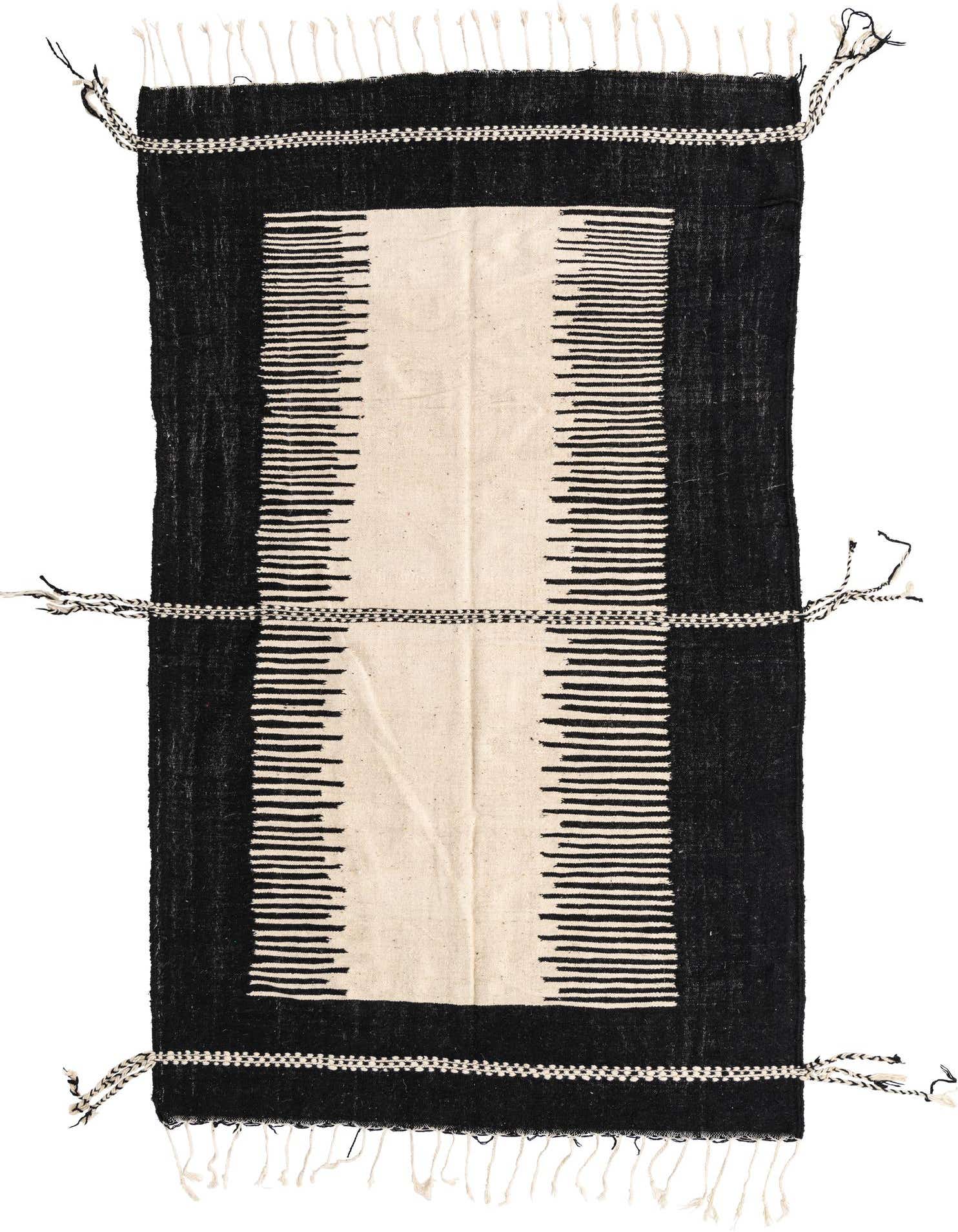 A 6x9 rectangular black and ivory tribal wool rug with a central ivory panel featuring horizontal black lines, bordered by solid black.