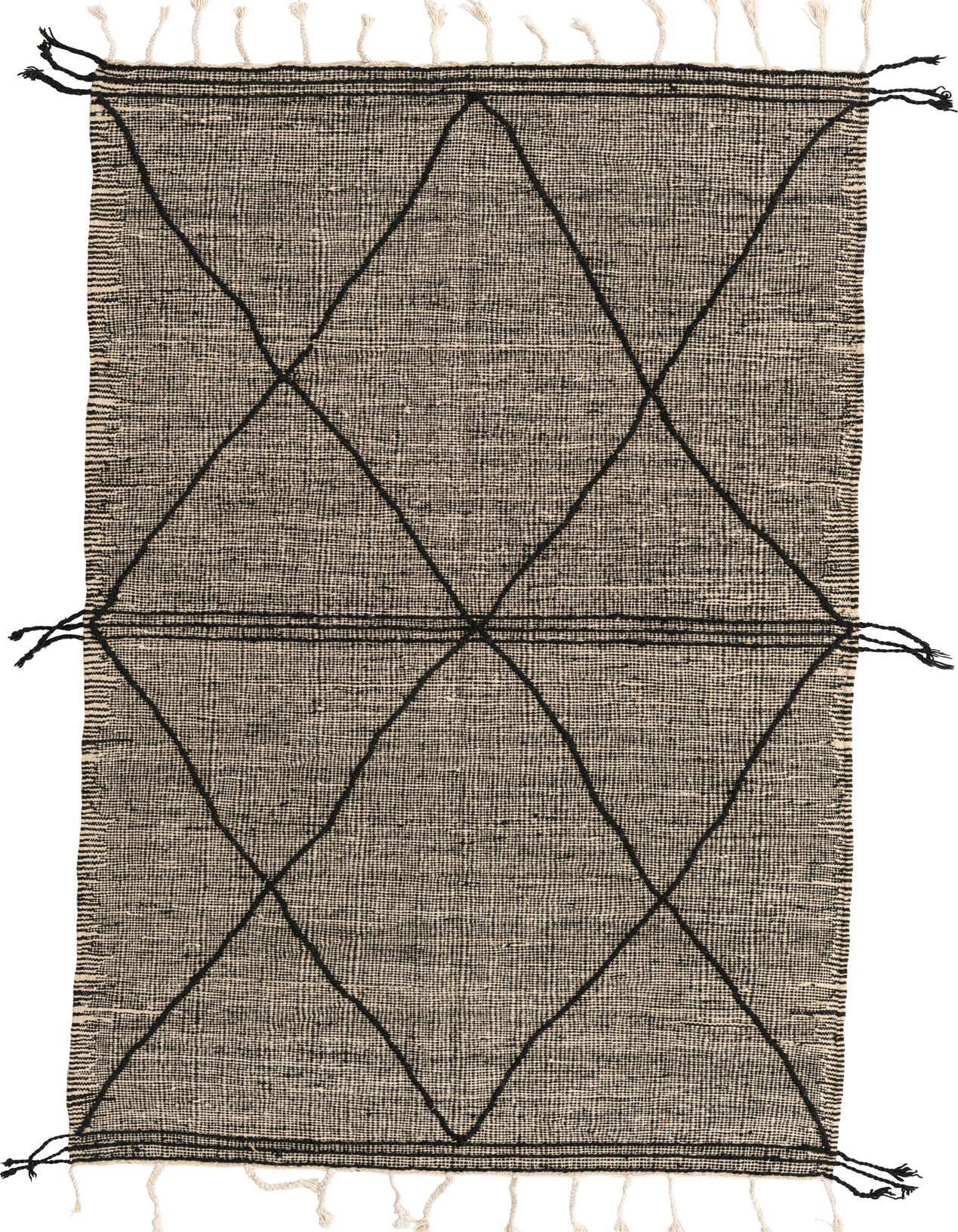 A 5x8 rectangular black and ivory wool shag rug with a tribal diamond pattern and fringe ends.