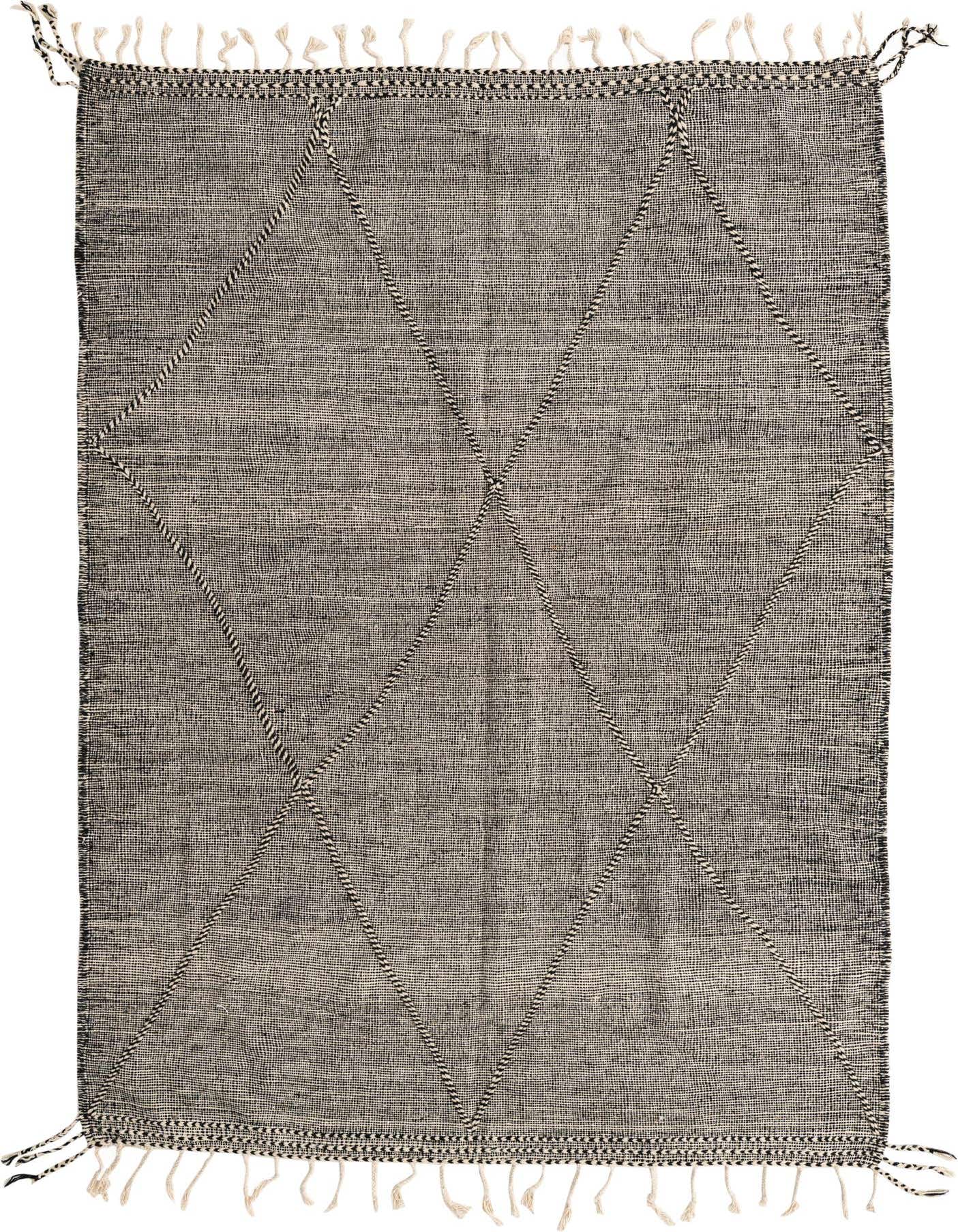 A 7x10 rectangular black and white tribal wool rug with a diamond pattern and fringe, suitable for a living room.
