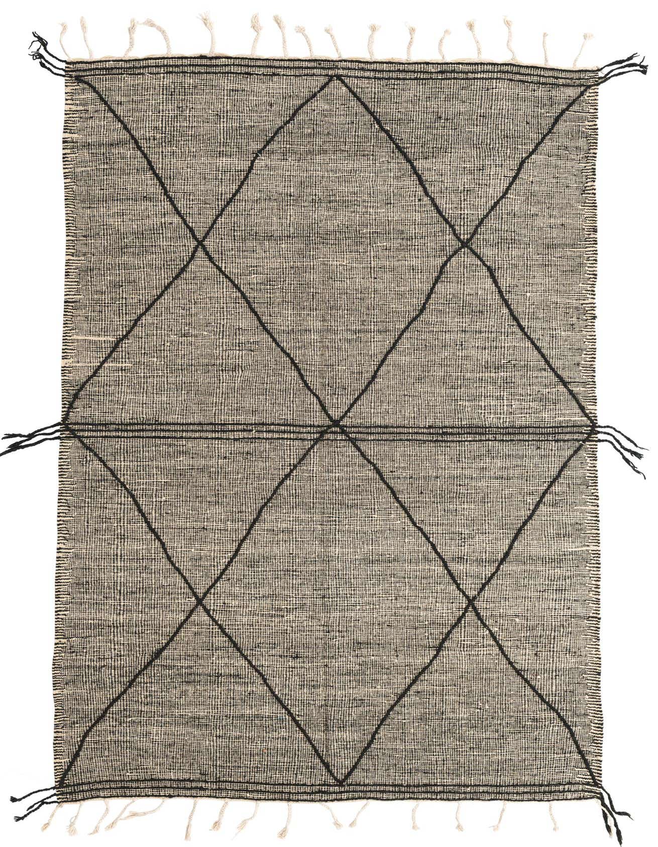 A 6x9 rectangular Moroccan tribal rug in black and ivory, featuring a bold geometric diamond pattern and fringed edges.
