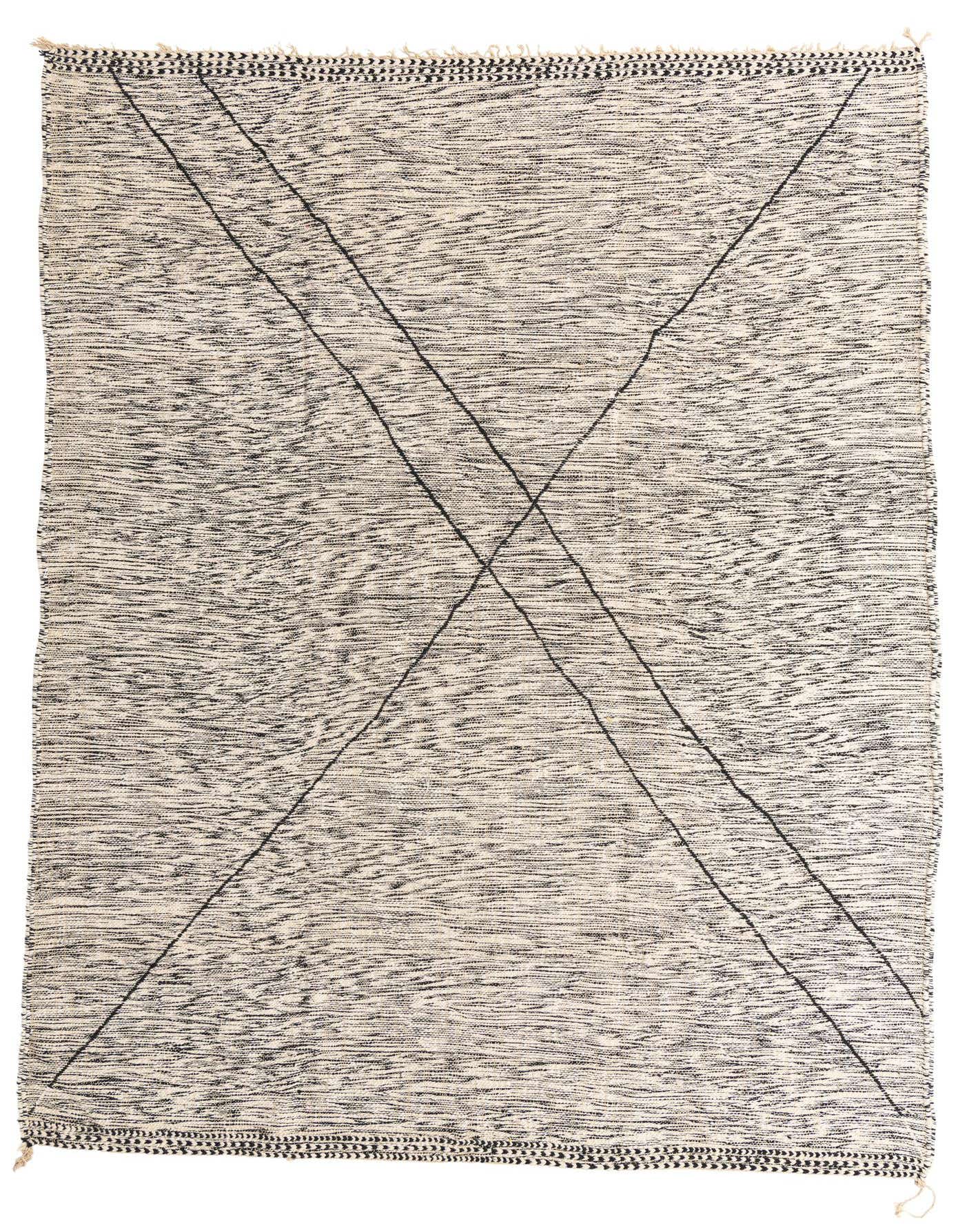 A 9x12 rectangular black and white tribal shag rug with a modern abstract X pattern, ideal for a living room.