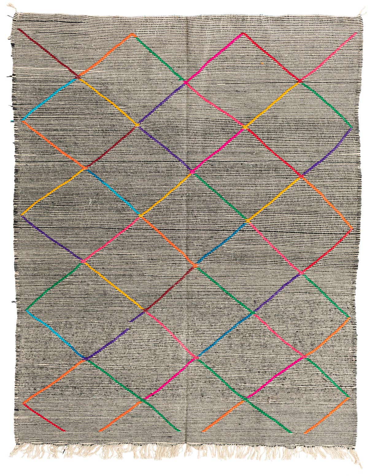 A 5x8 rectangular black and white Moroccan shag rug with a vibrant, colorful geometric diamond pattern.