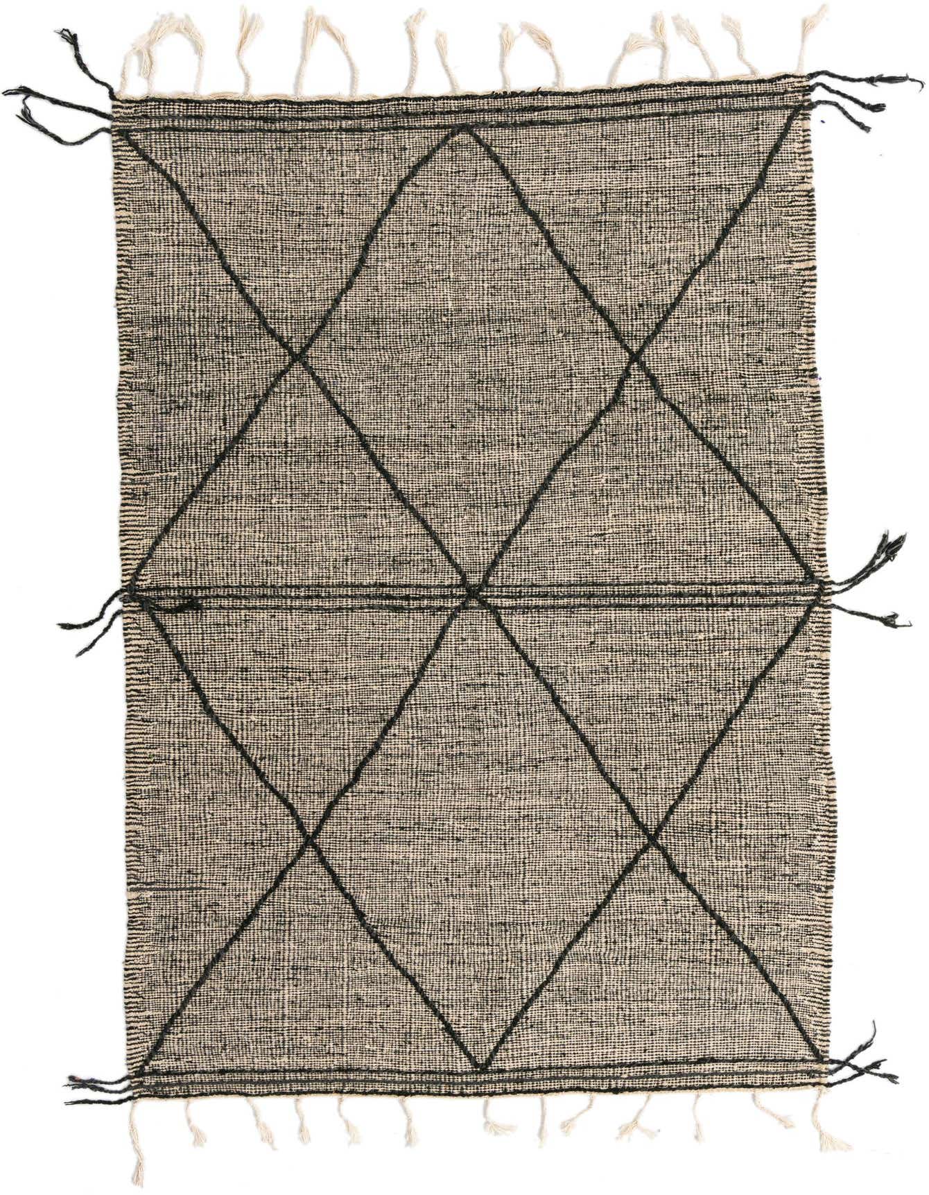 A 5x8 rectangular Moroccan shag rug with a tribal black diamond pattern on a cream background, featuring fringe.