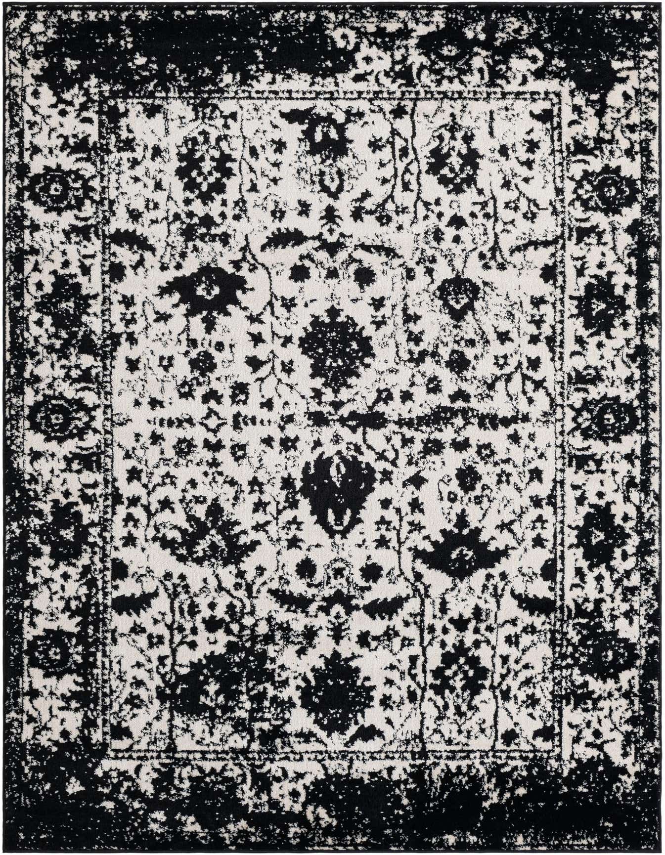 A 5x8 rectangular black and white shabby-chic rug with a distressed floral pattern and border, suitable for a living room.