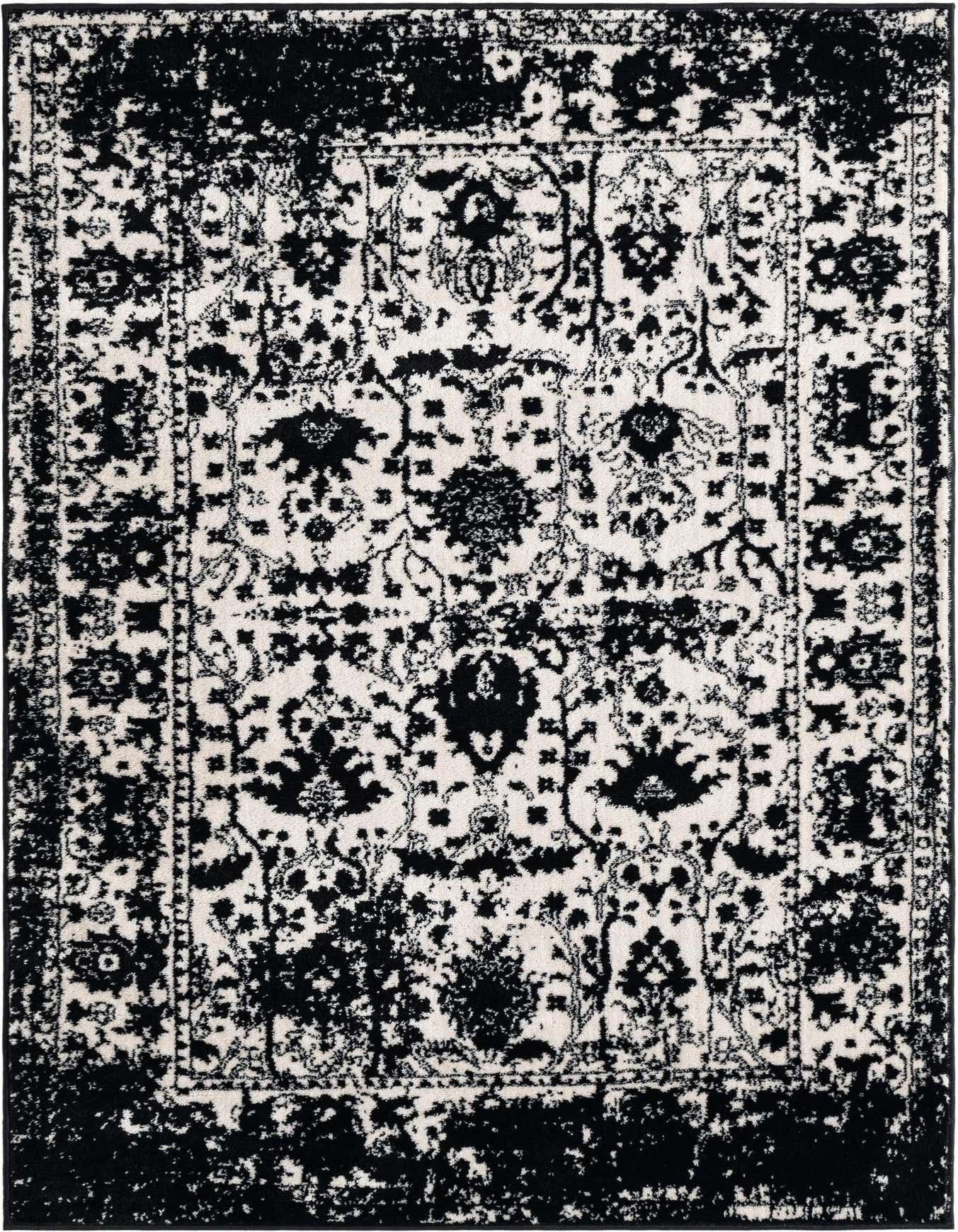 A 4x6 rectangular black and white shabby-chic rug with a distressed traditional floral pattern, suitable for a living room.