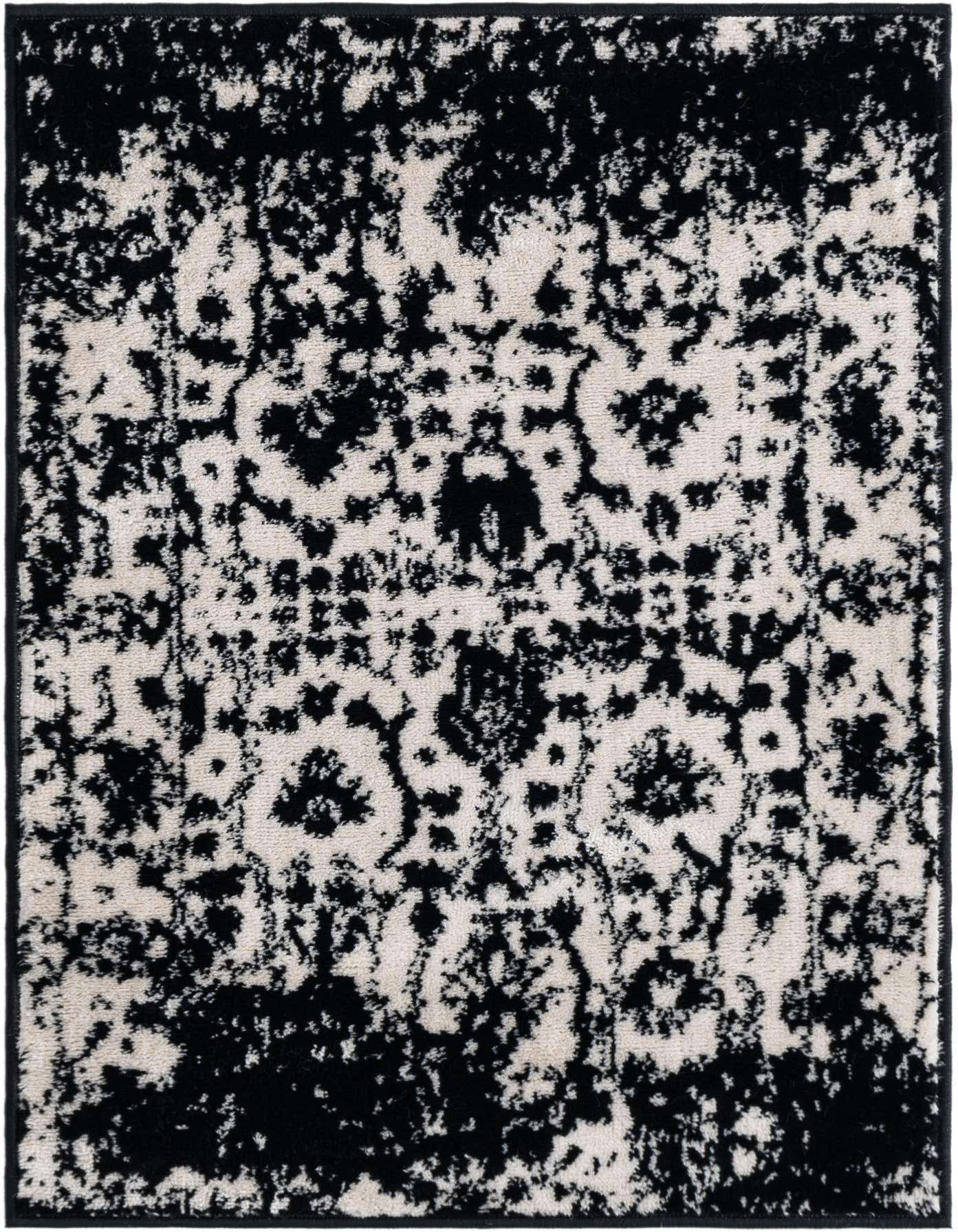 A 2x3 rectangular black and ivory shabby-chic rug with a distressed floral pattern, suitable for various indoor spaces.