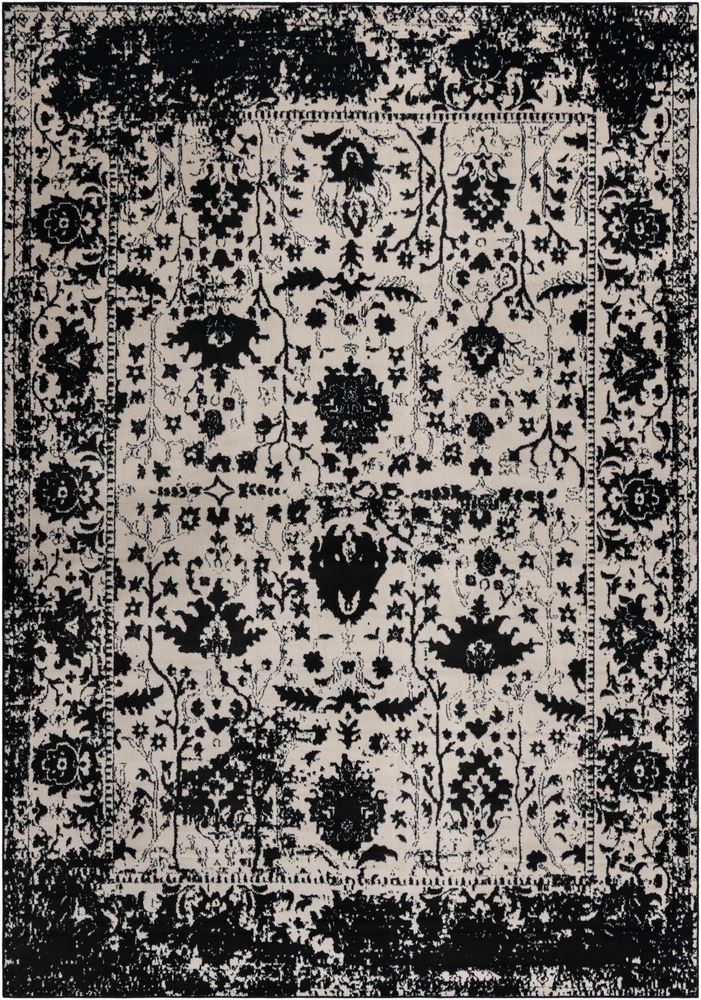 A 10x14 rectangular black and ivory shabby-chic rug with a distressed traditional floral pattern and border.
