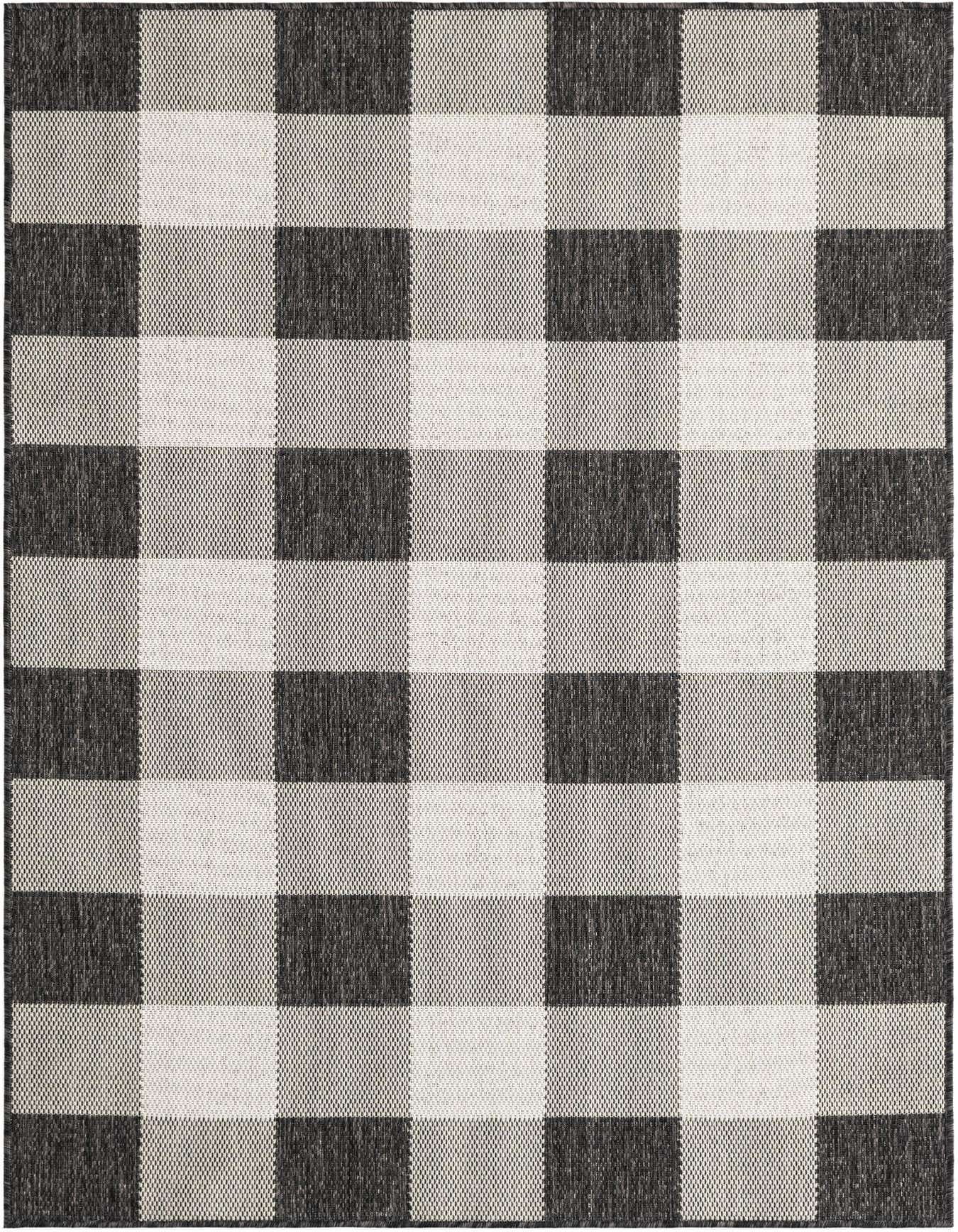 A 4x6 rectangular Rugs.com Outdoor Checkered rug featuring a bold black and ivory buffalo check pattern.