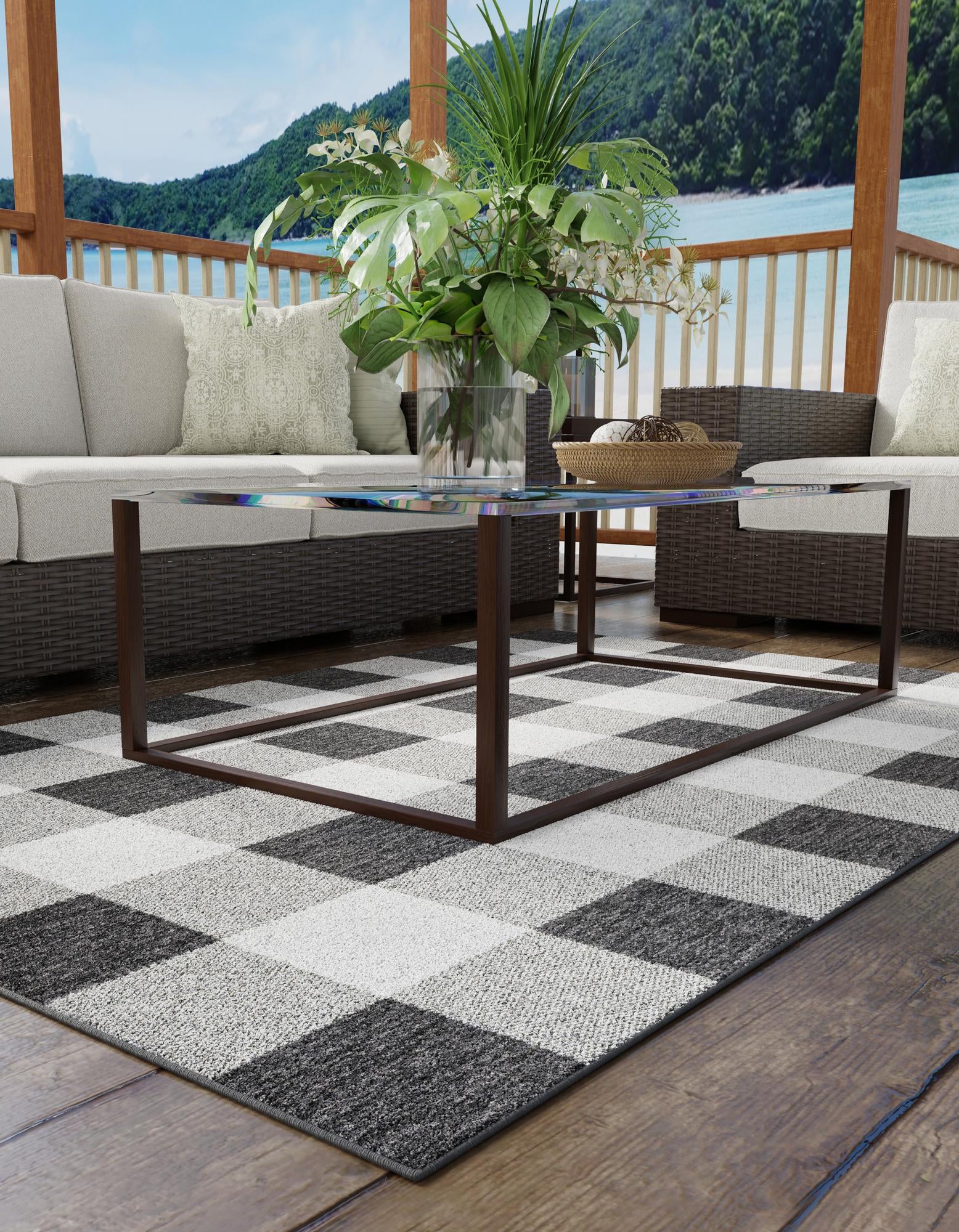 Black and White 9' x 12' Checkered Indoor / Outdoor Rug