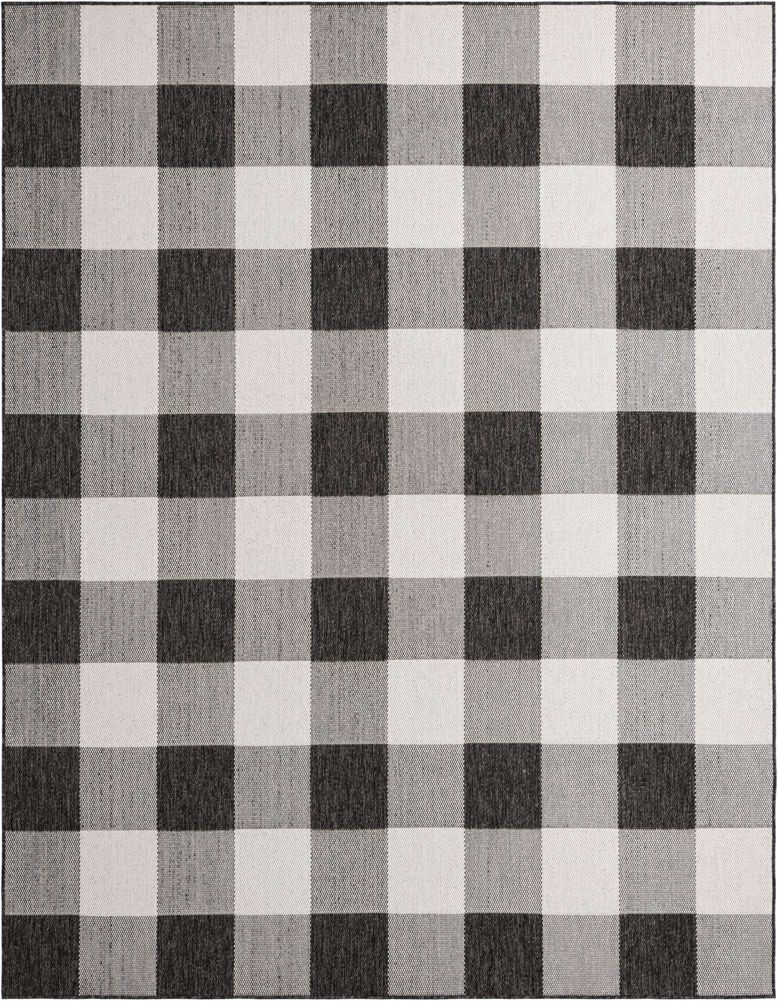 A large 8x10 rectangular black and white checkered rug with a modern flatweave texture, suitable for indoor or outdoor use.