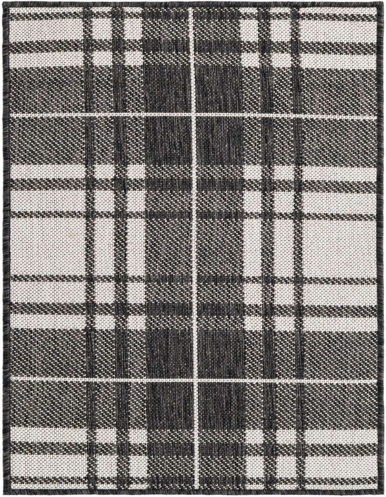 A 2x3 rectangular Rugs.com Outdoor Checkered rug featuring a modern black and white plaid pattern, suitable for indoor/outdoor use.