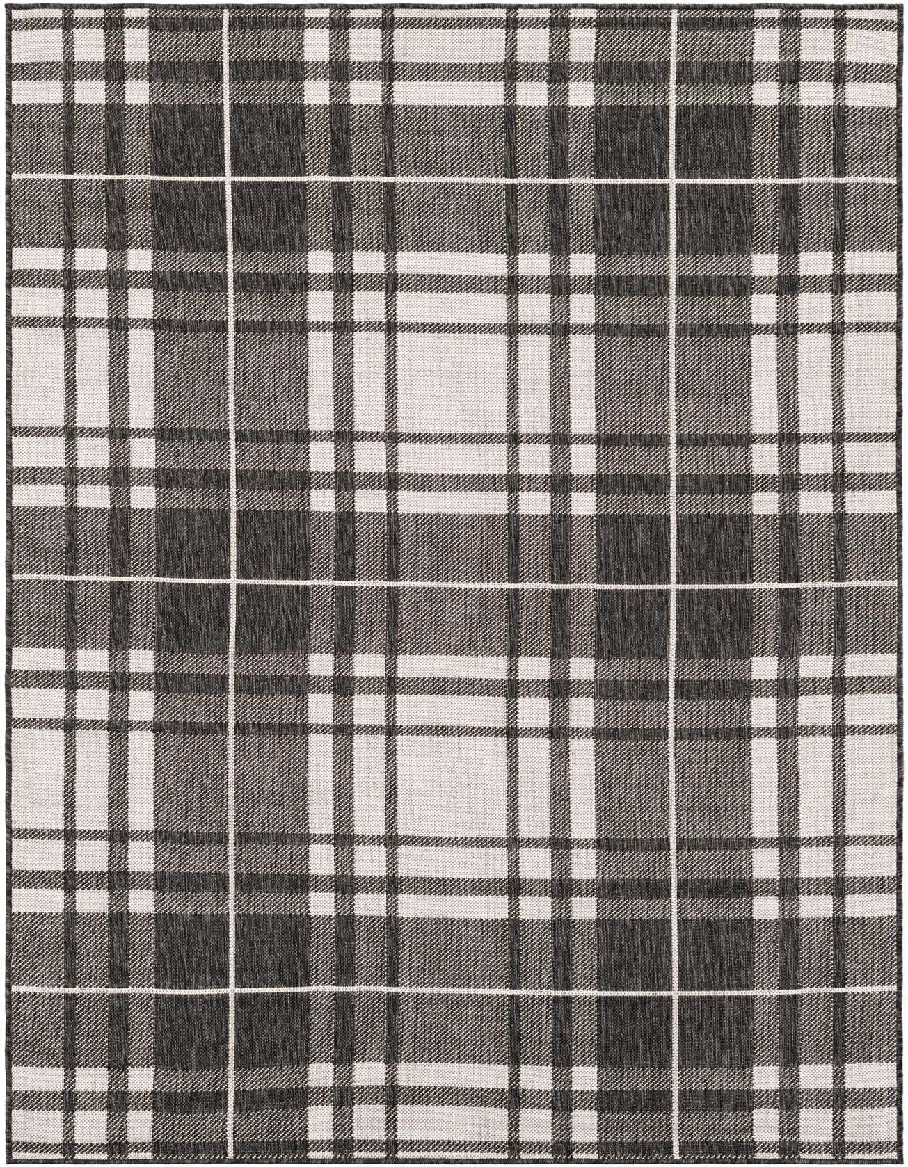 A 5x8 rectangular black and white plaid rug with a modern checkered pattern, suitable for indoor or outdoor use.