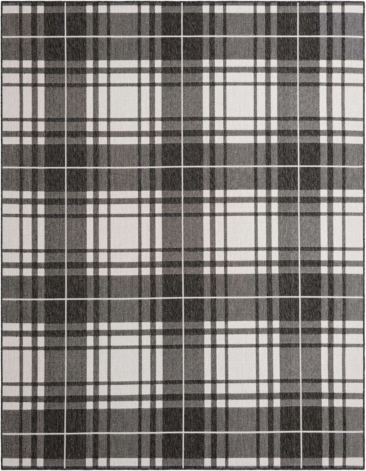 An 8x10 rectangular black and white plaid rug with a modern checkered pattern, suitable for indoor or outdoor use.