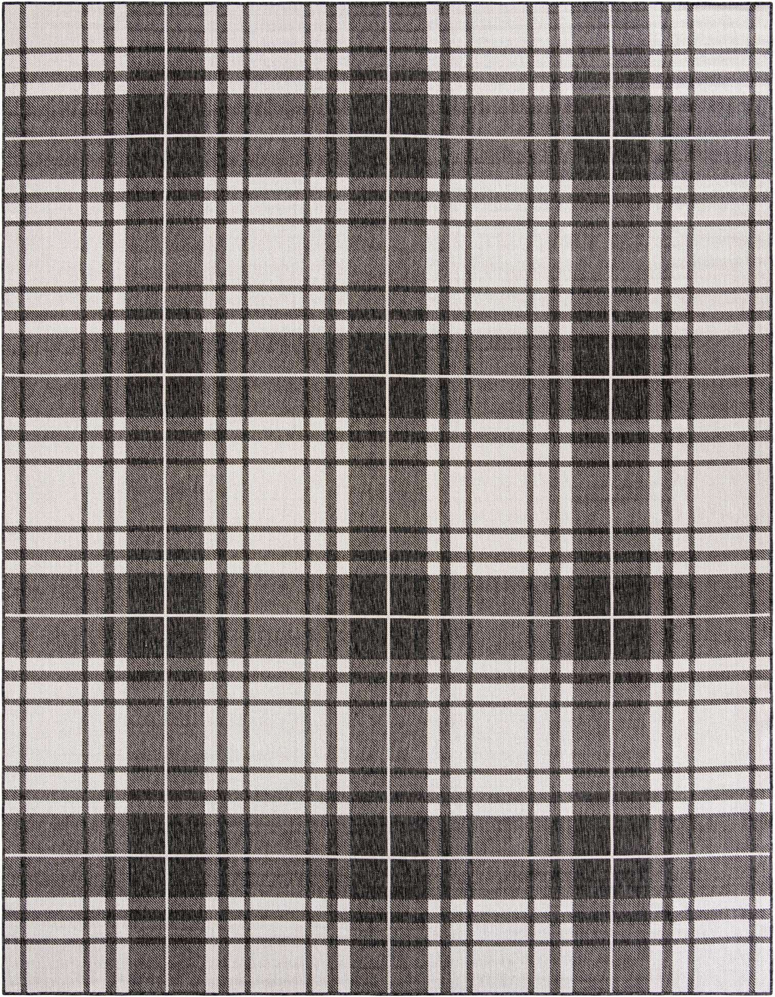 A large 9x12 rectangular Rugs.com Outdoor Checkered rug featuring a modern black and white plaid pattern.