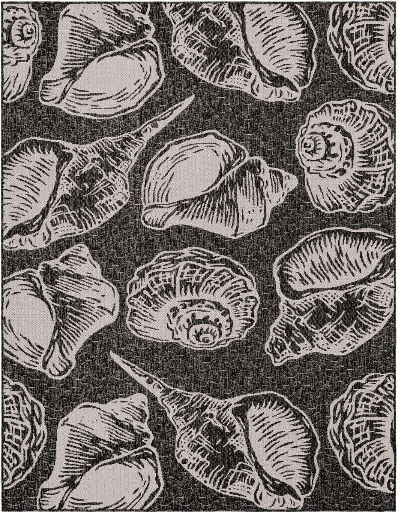 A 6x9 rectangular black and white rug featuring a modern coastal pattern of various seashells, suitable for indoor or outdoor use.
