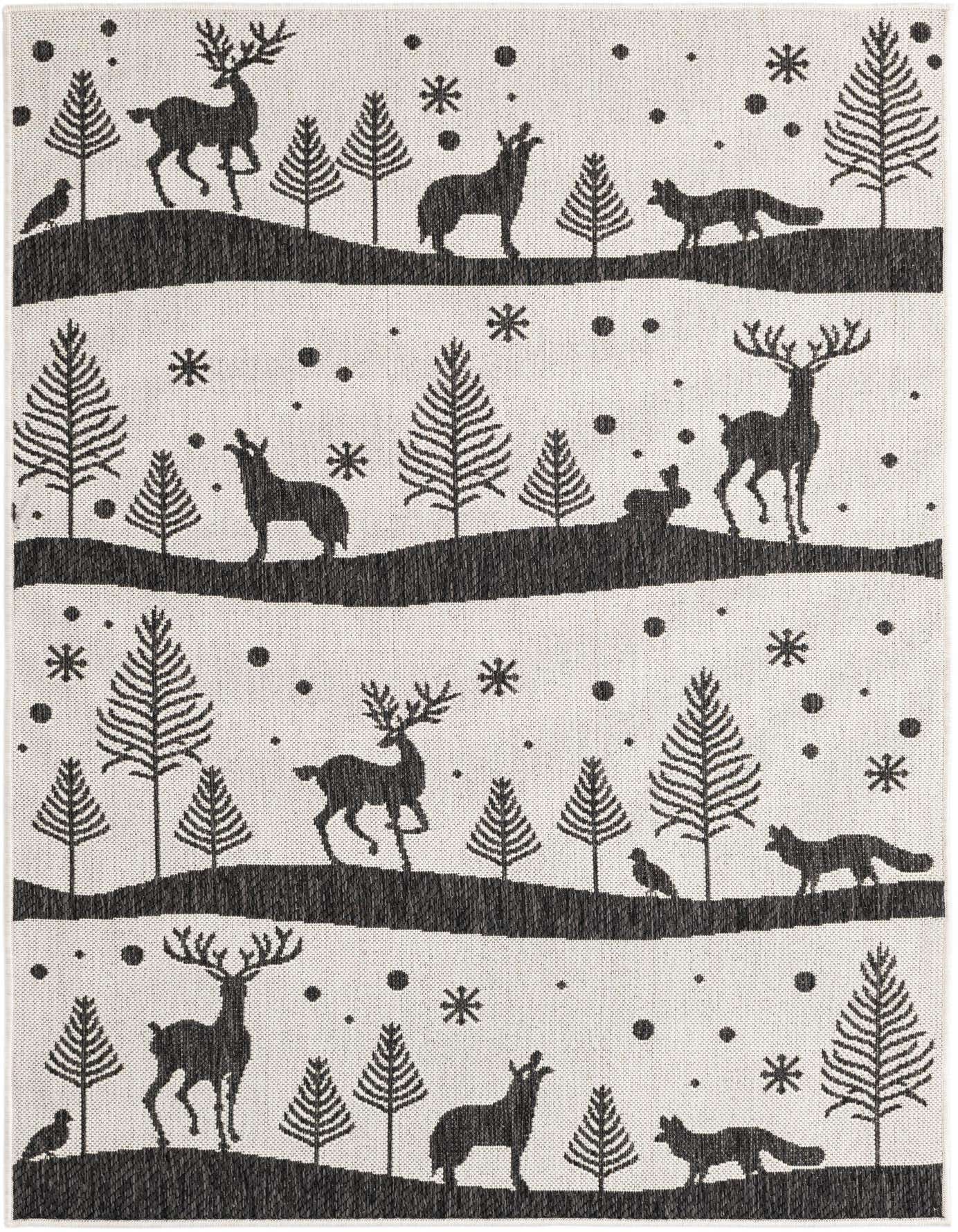A 4x6 black and white rectangular rug with a modern winter forest pattern featuring deer, foxes, and trees.