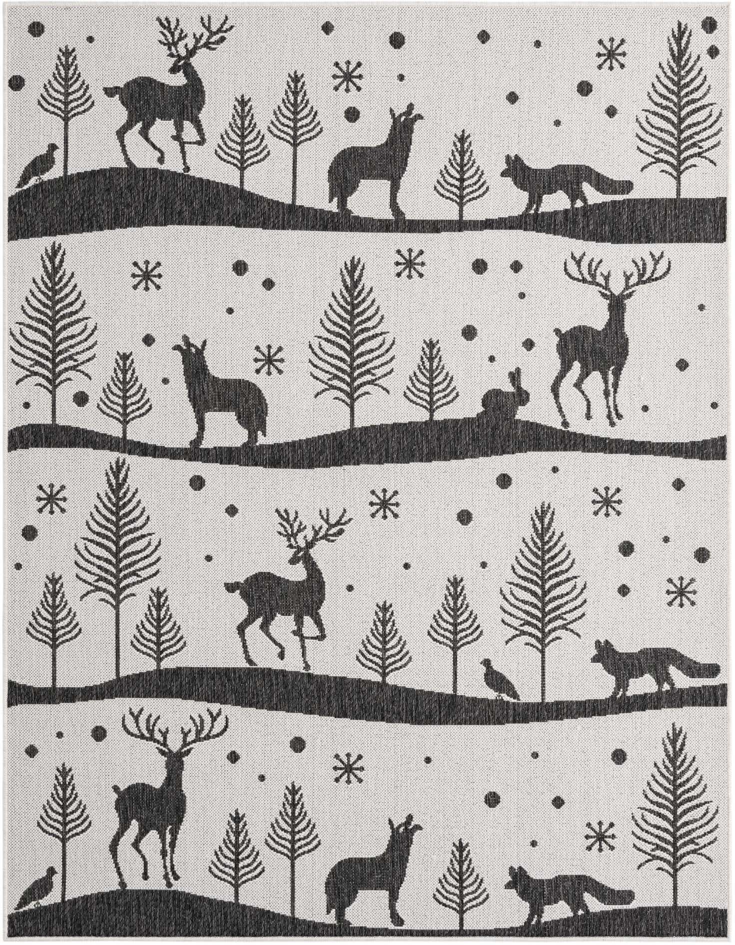 A 5x7 rectangular black and white outdoor rug featuring a modern winter forest scene with deer, foxes, and trees.