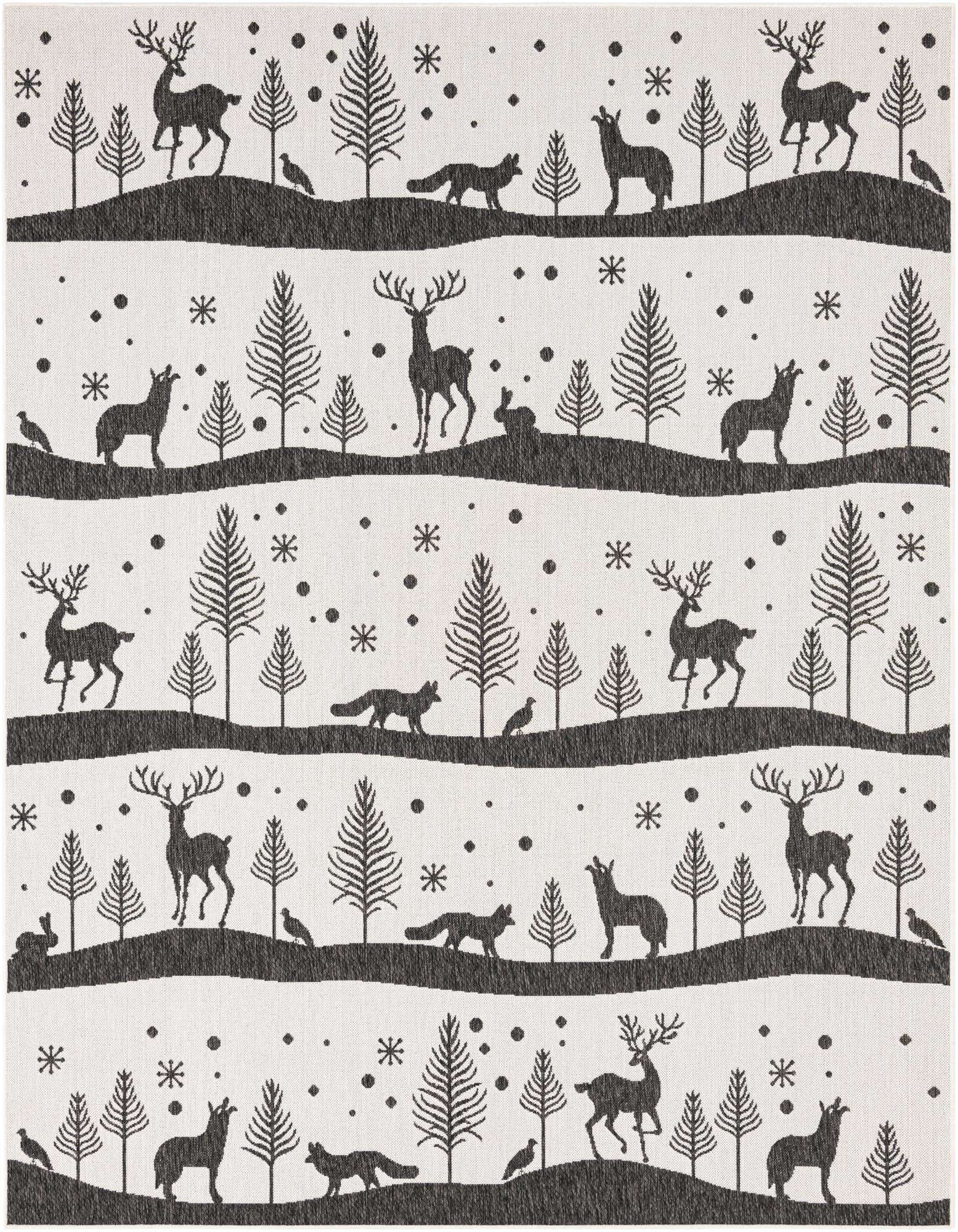 An 8x10 rectangular rug featuring a modern black and white winter forest scene with deer, foxes, and trees.