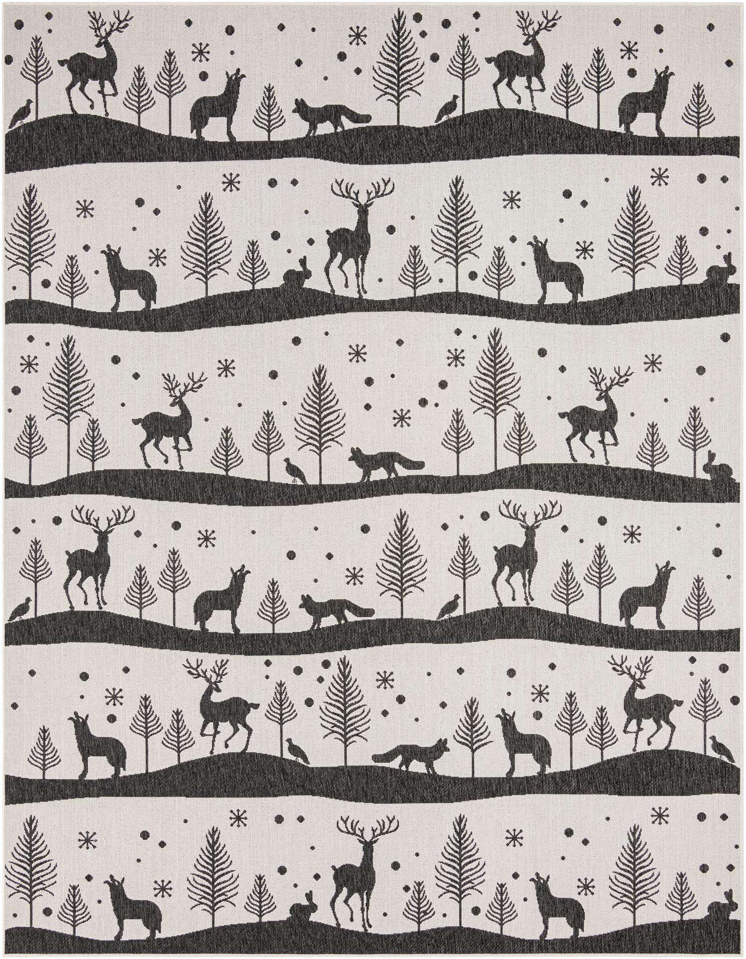 A 9x12 rectangular black and white rug featuring a modern winter forest pattern with deer, foxes, rabbits, and trees.