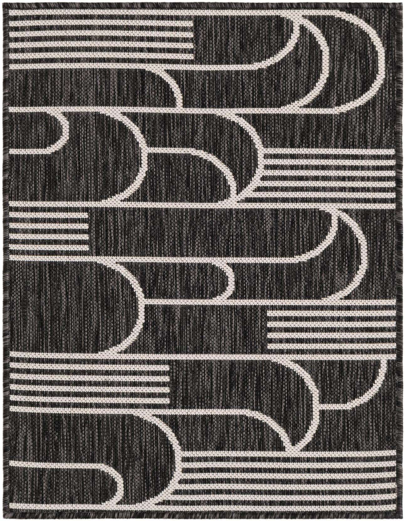 A 2x3 rectangular black and white contemporary rug with a bold geometric stripe and arc pattern, suitable for indoor/outdoor use.