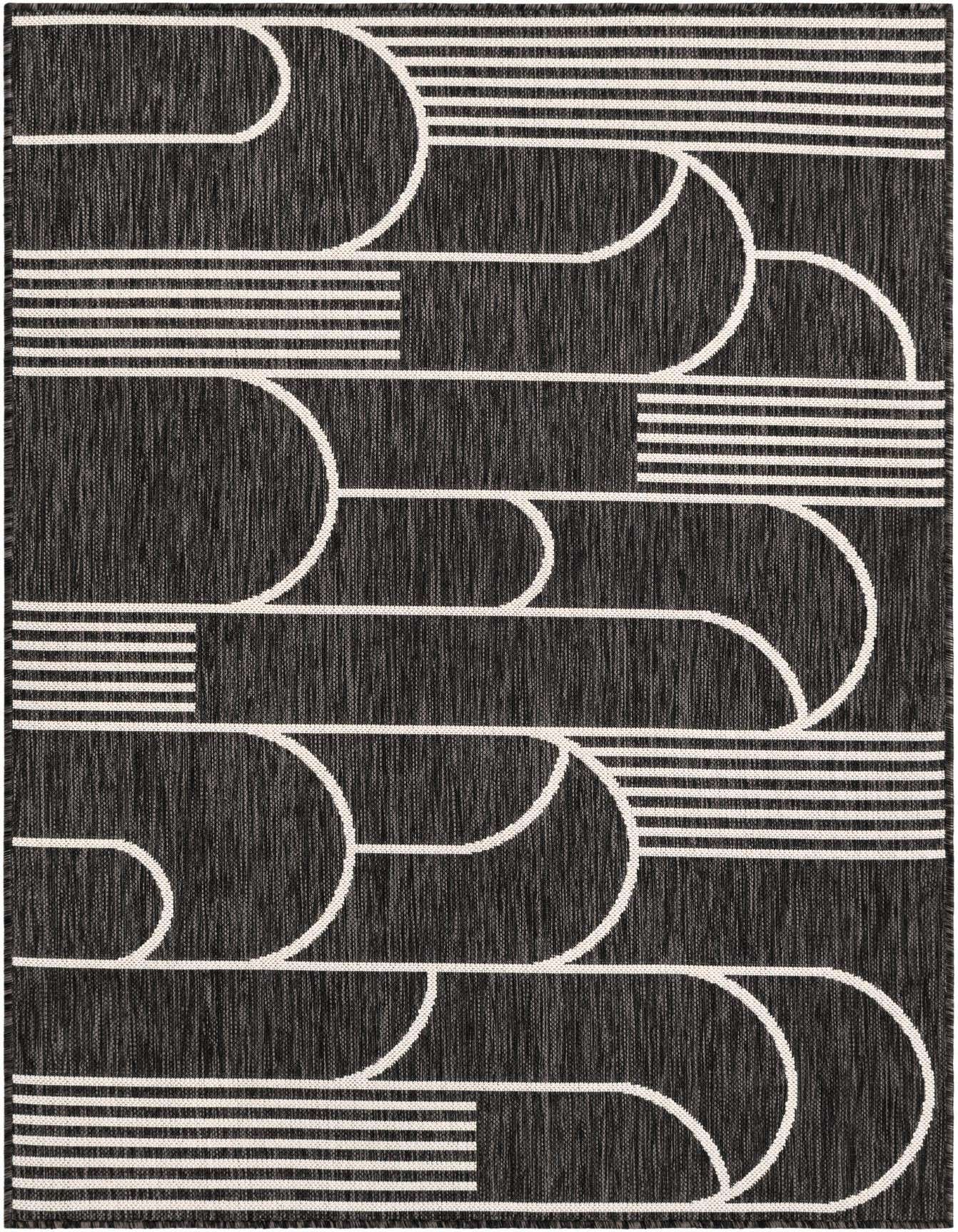 A 4x6 rectangular black and white contemporary rug with a bold geometric pattern of stripes and curved lines.